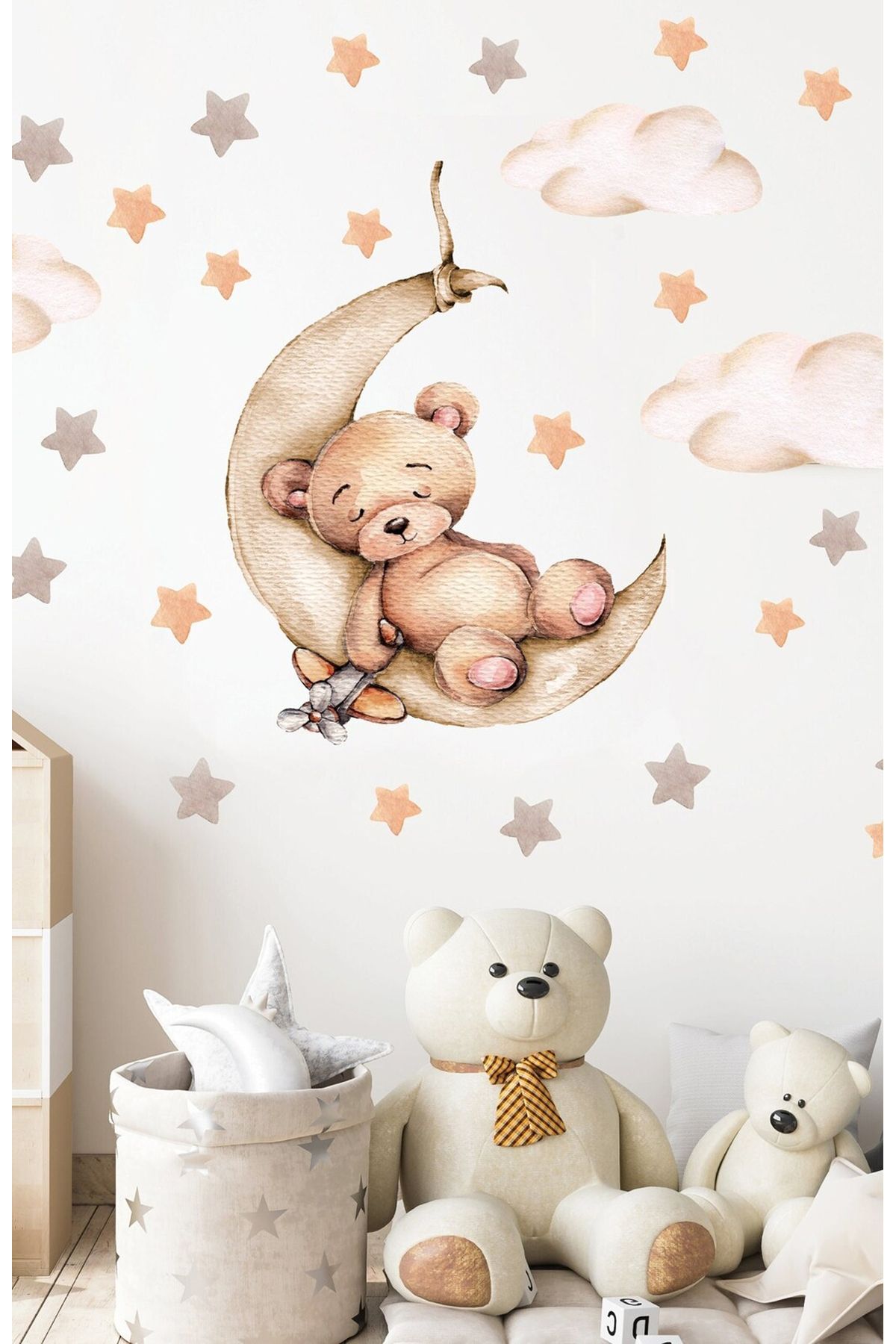 KT Decor Uyuyan Ayıcık Bulutlar Yıldızlar ve Bulutlar Çocuk Odası Duvar Sticker Seti