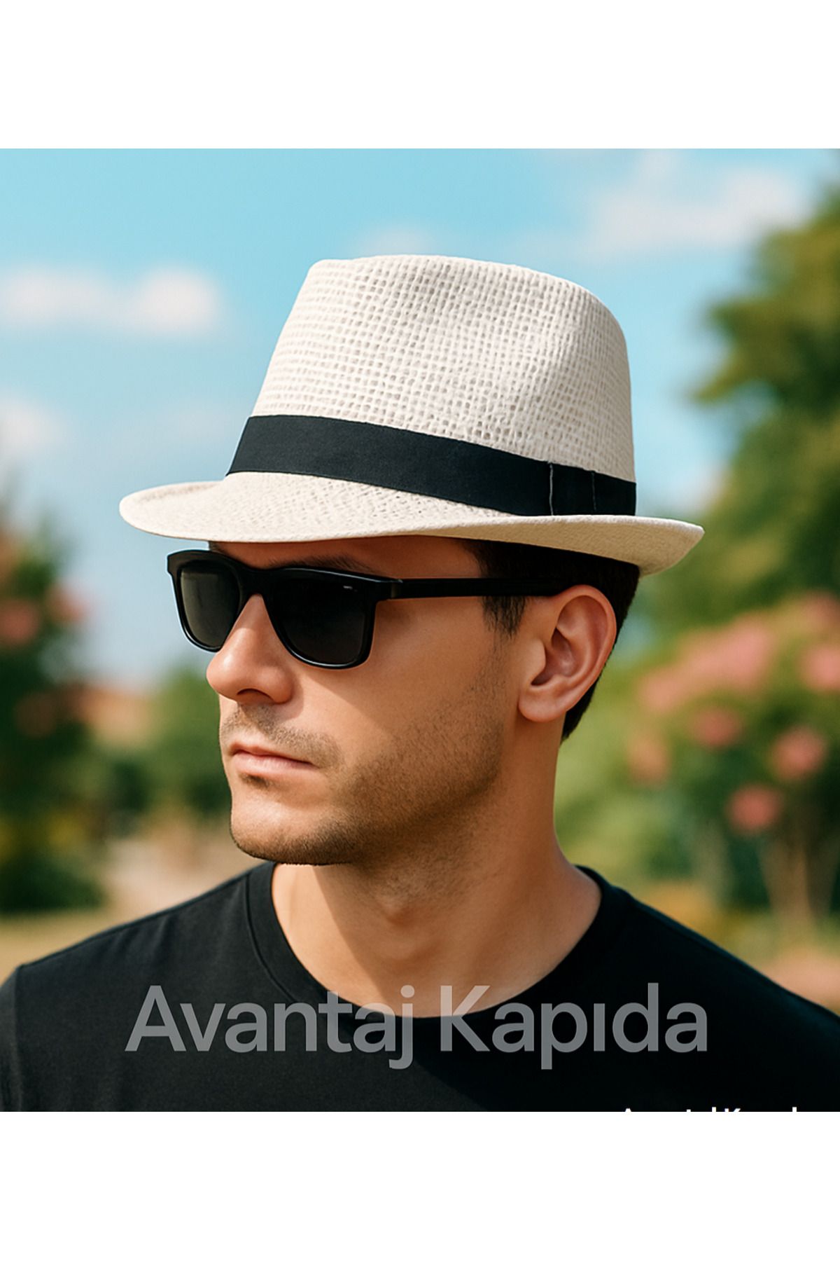 Avantaj Kapıda Premium Fötr Hasır Şapka – Yetişkin Unisex, Siyah Şeritli, Klasik Yazlık Stil
