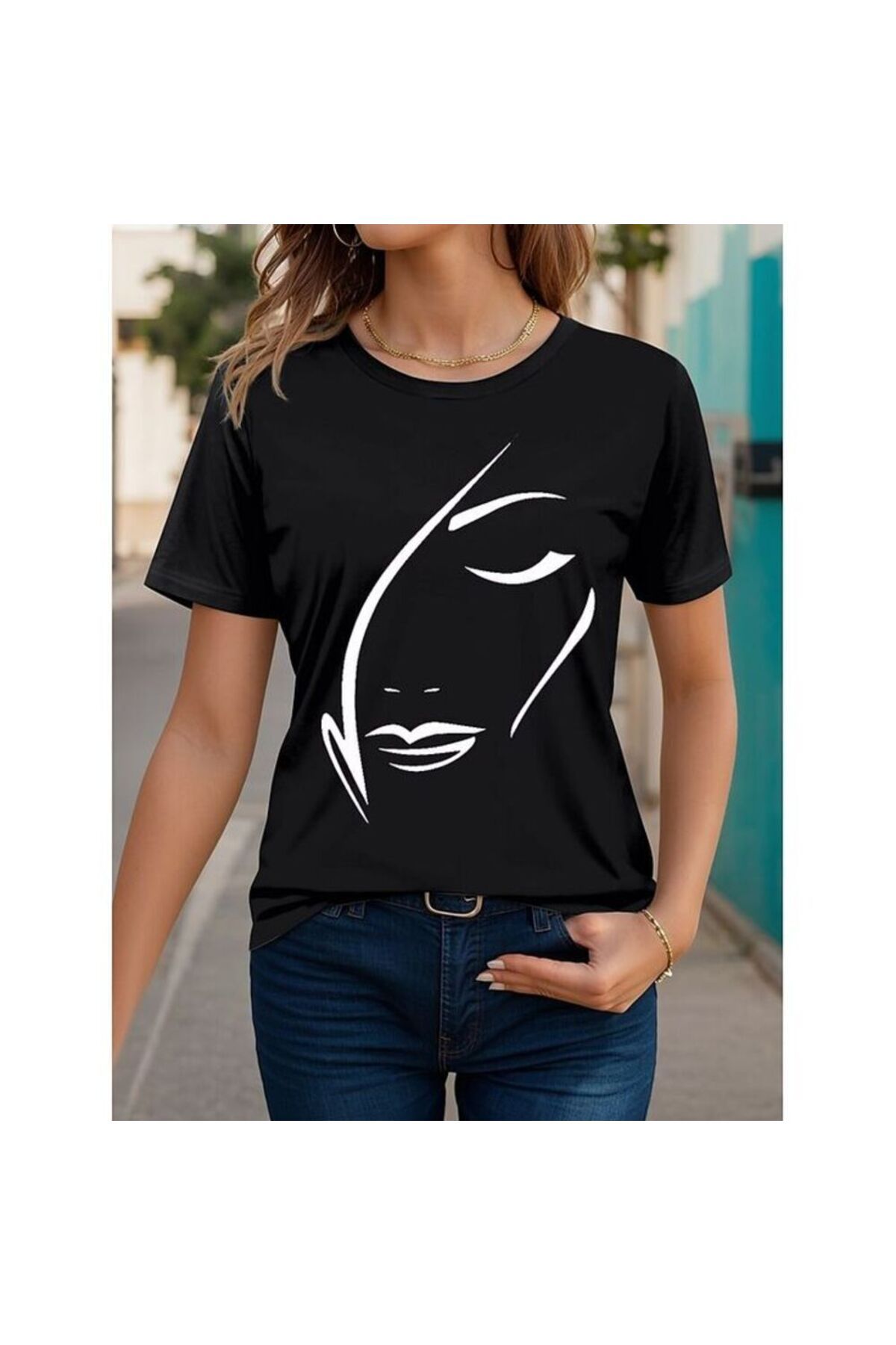 MAGORS FACE OF WOMAN BASKILI PAMUKLU BİSİKLET YAKA NORMAL KALIP KISA KOLLU KADIN TSHIRT