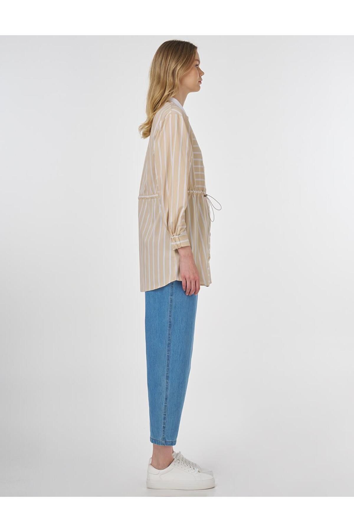 KYR-Gathered Waist Line Pattern Poplin Tunic Beige 6