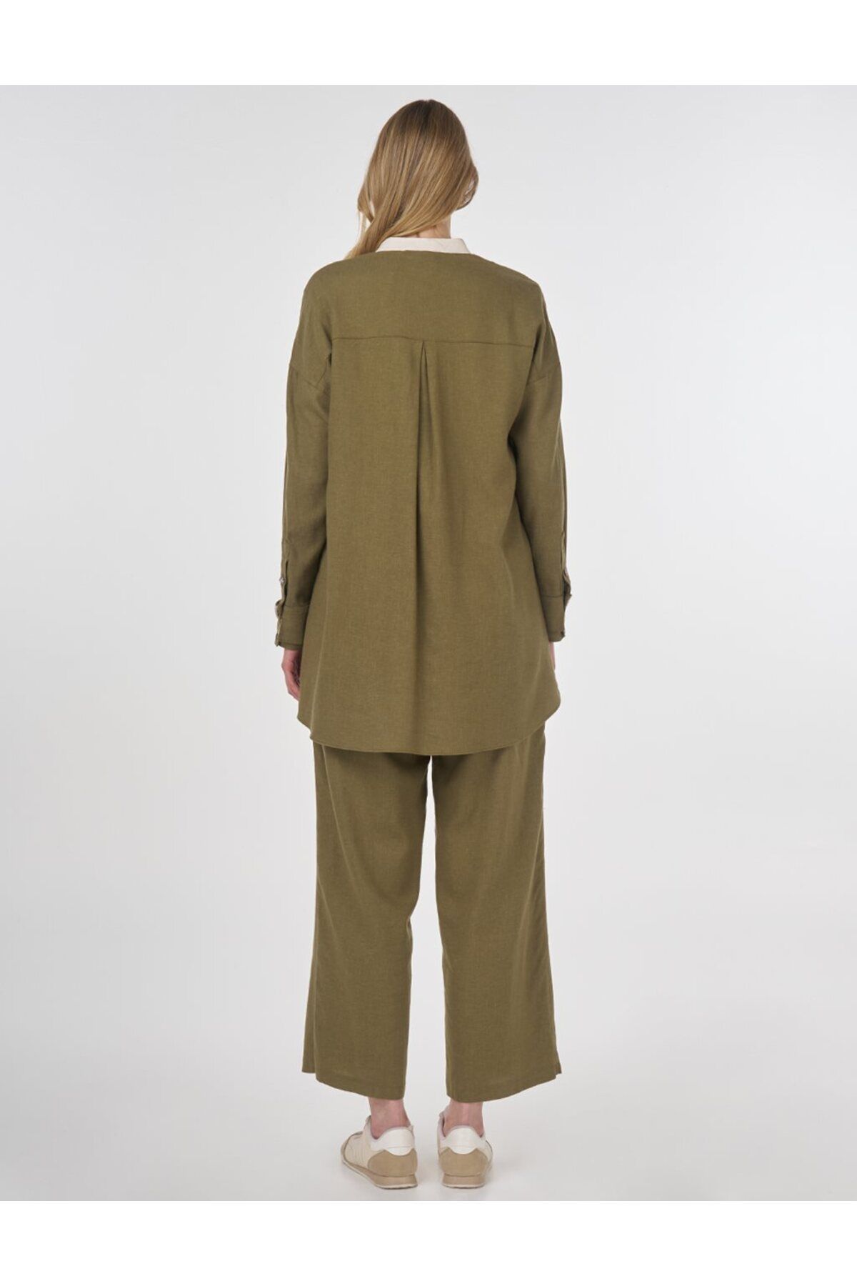 Kayra-Linen Blended Judge Collar Tunic Khaki 5