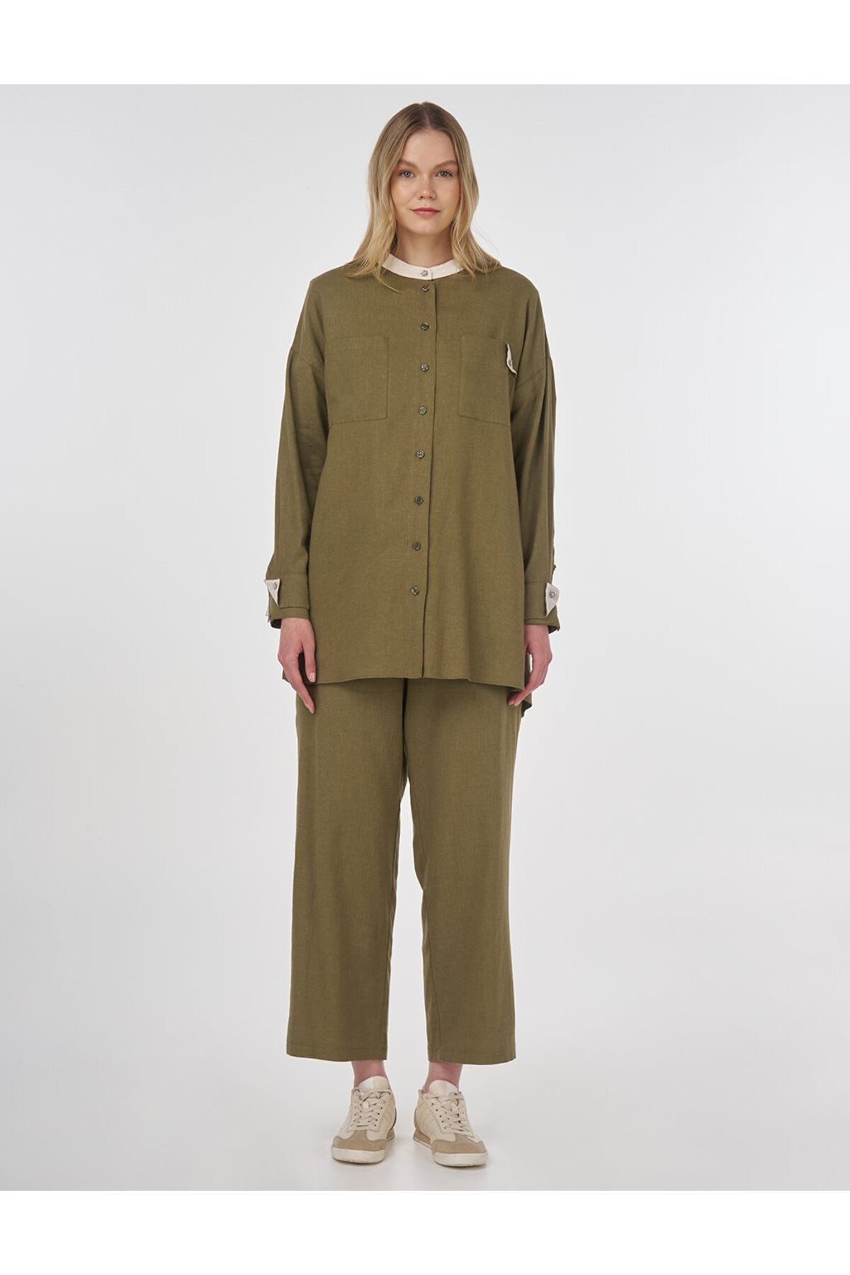 Kayra-Linen Blended Judge Collar Tunic Khaki 3