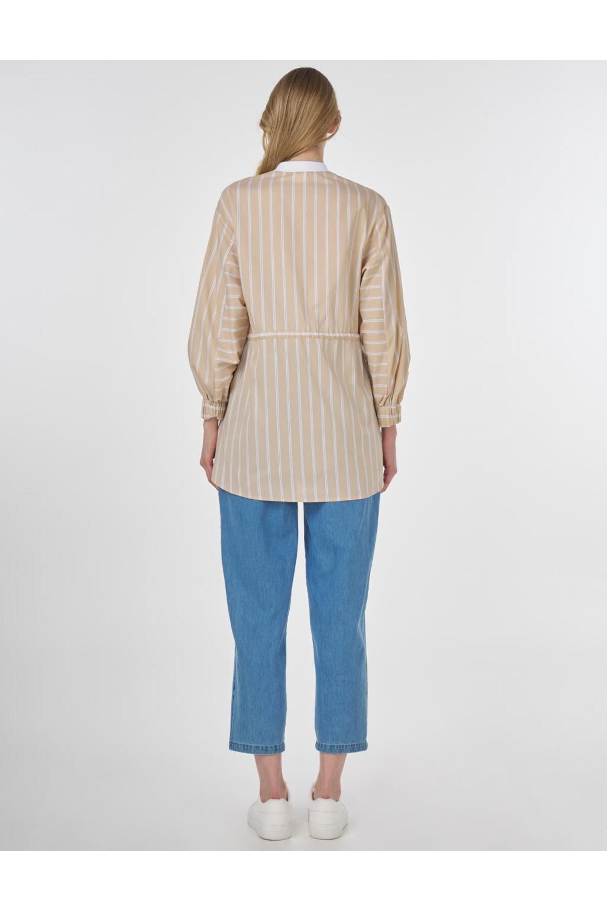KYR-Gathered Waist Line Pattern Poplin Tunic Beige 5