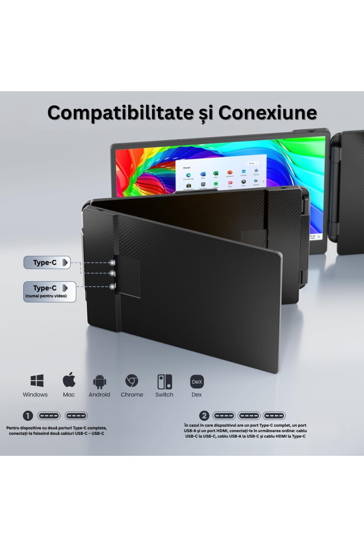 Velixo-Monitor triplu pentru laptop IPS FHD de 14”, 13”-17”, 60Hz, USB-C, Windows/Mac/Linux, portabil, geantă inclusă 5