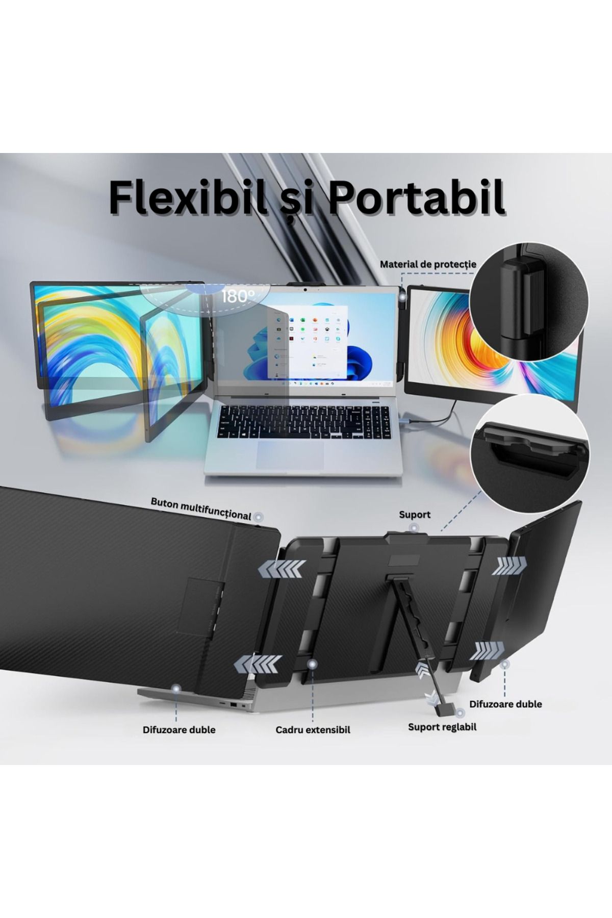 Velixo-Monitor triplu pentru laptop IPS FHD de 14”, 13”-17”, 60Hz, USB-C, Windows/Mac/Linux, portabil, geantă inclusă 4