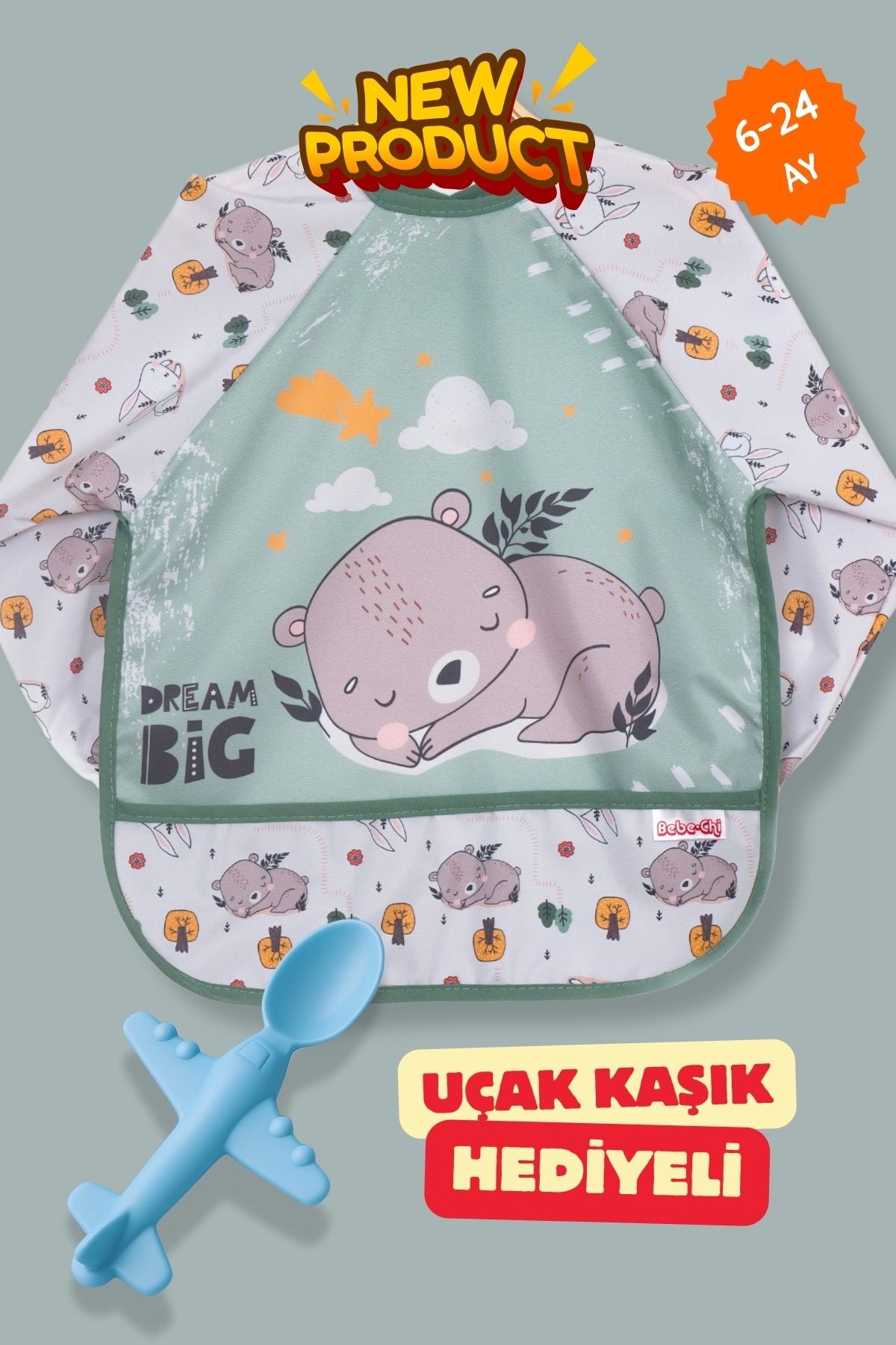 BibKing Sevimli Ayı Desen Uzun Kollu Giyilebilir Sıvı Geçirmez Aktivite ve Mama Önlüğü 6-24 AY
