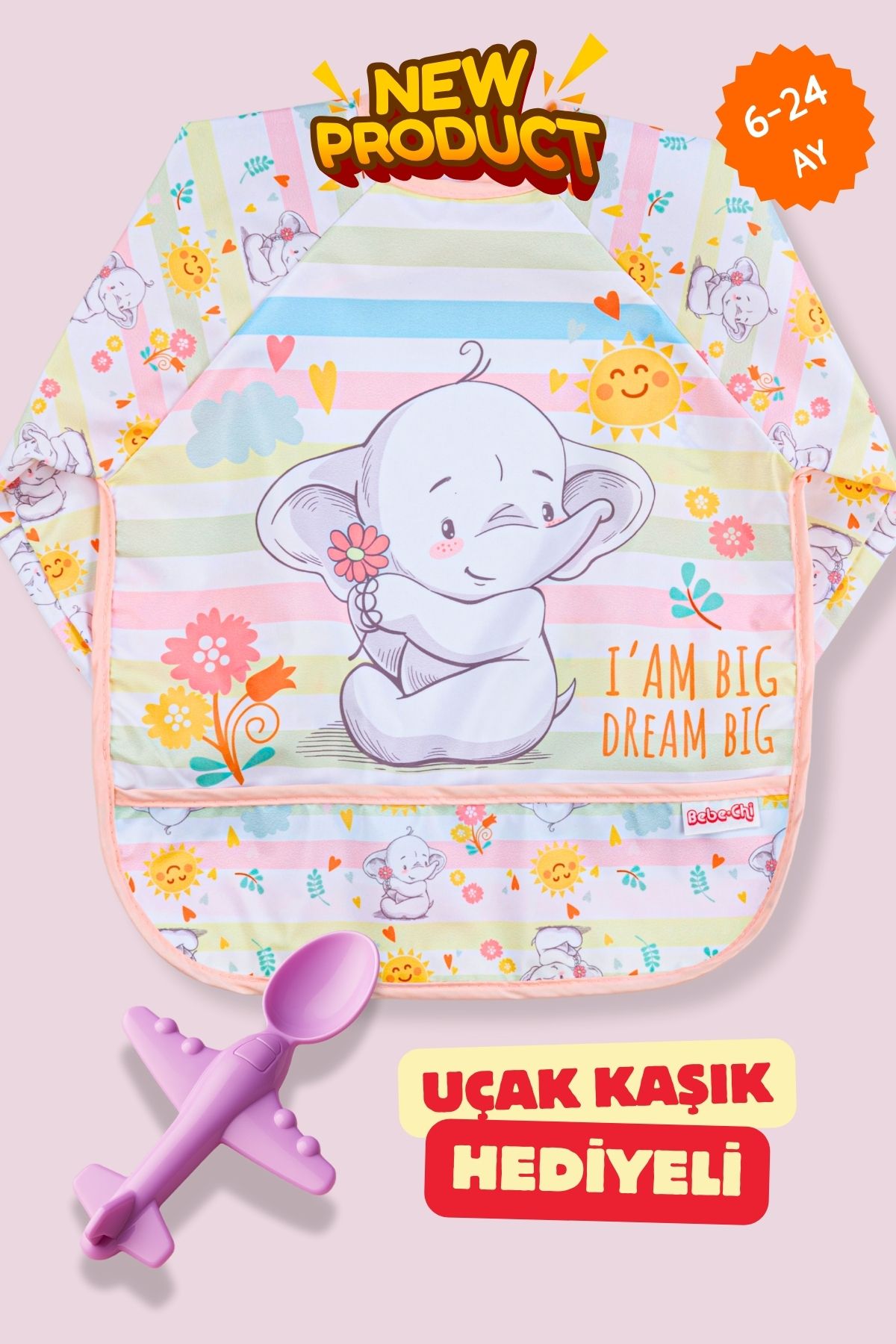 BibKing Sevimli Fil Desen Uzun Kollu Giyilebilir Sıvı Geçirmez Aktivite ve Mama Önlüğü 6-24 AY
