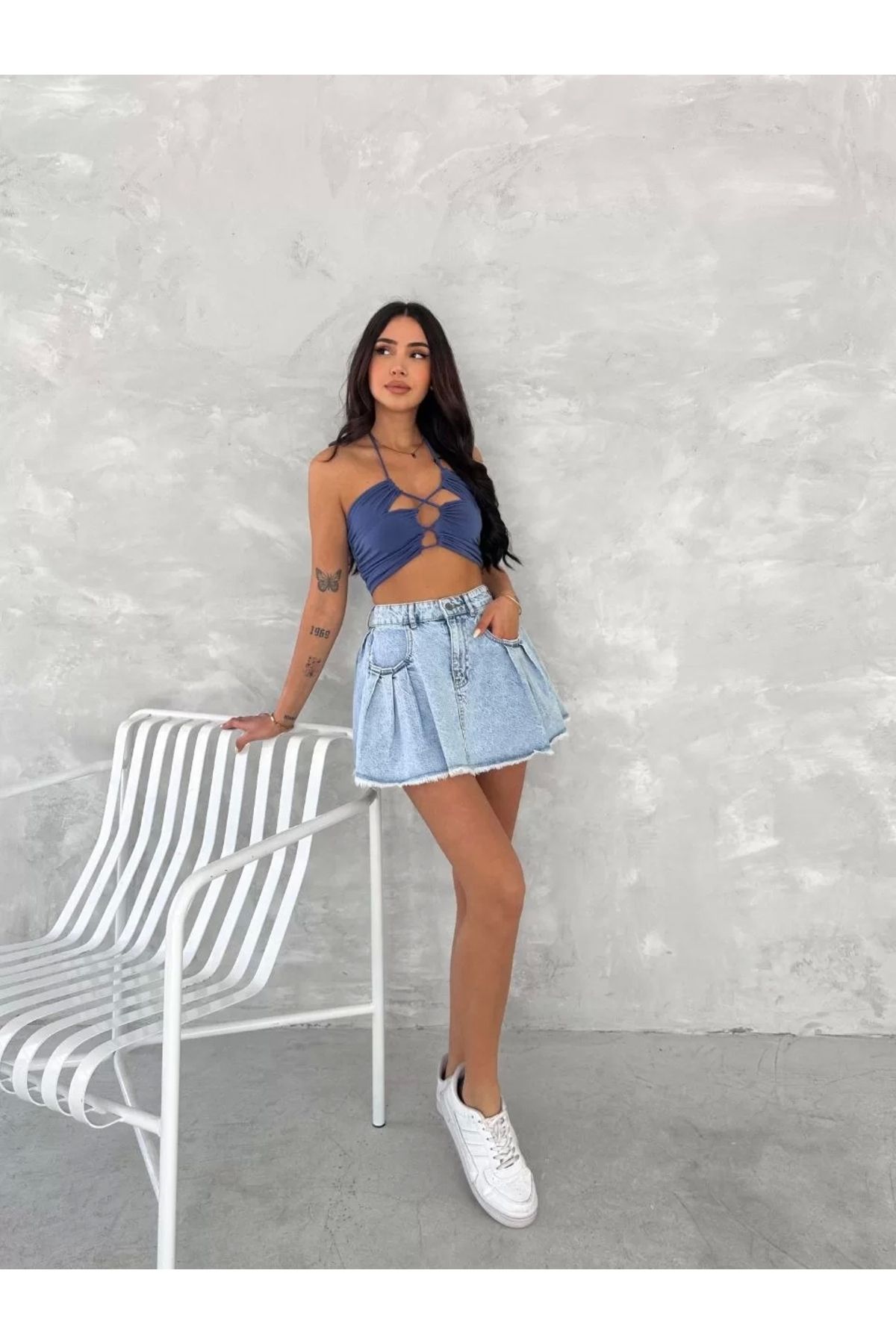 LUSHİOWEAR Şık Pileli Yazlık Mini Etekli Kot- Açık Mavi