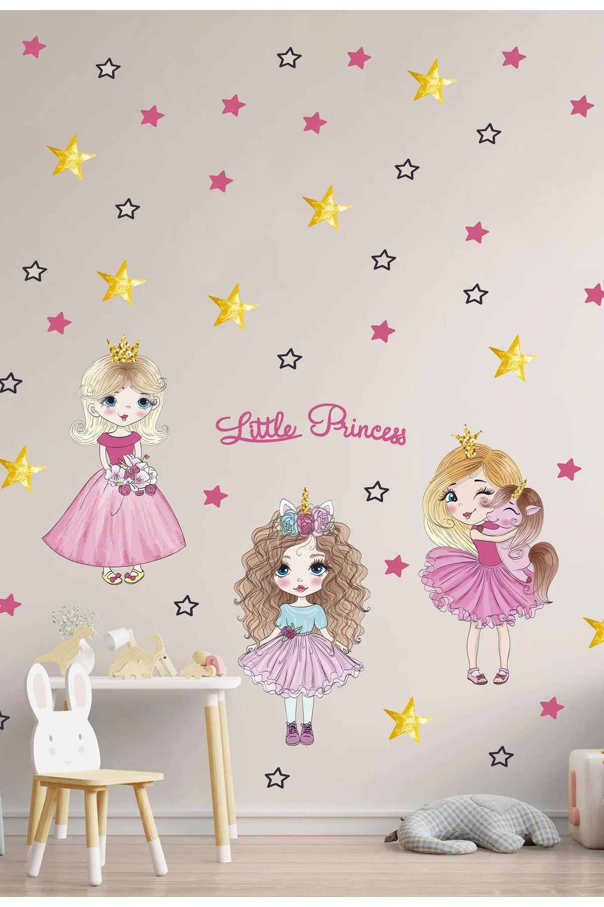 KT Decor Minik Prensesler Unicorn Rengarenk Yıldızlar ve Kalpler Kız Çocuk Odası Duvar Sticker Seti