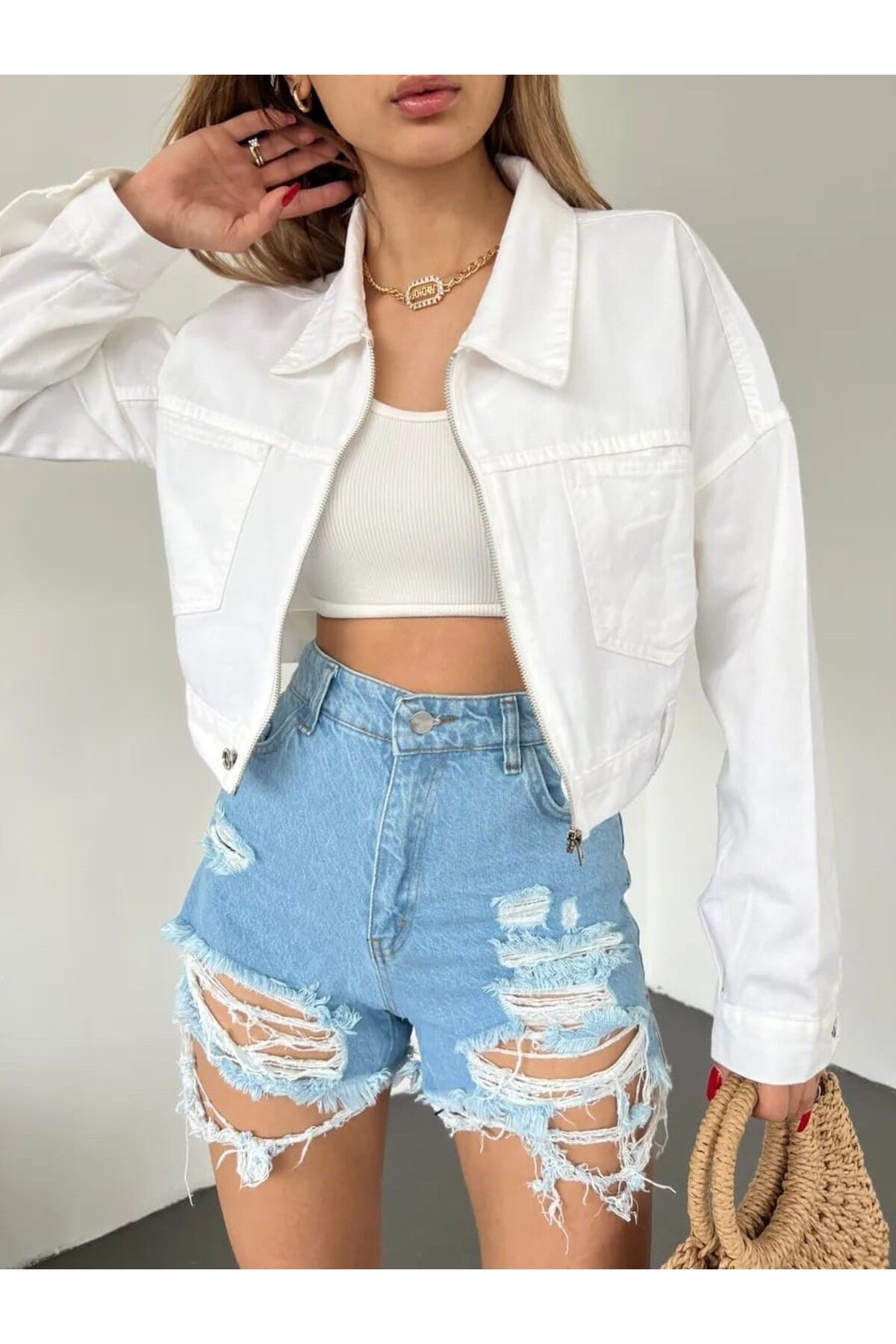 H&E LUXURY DESIGN Kadın Fermuarlı Çift Cepli Denim Ceket