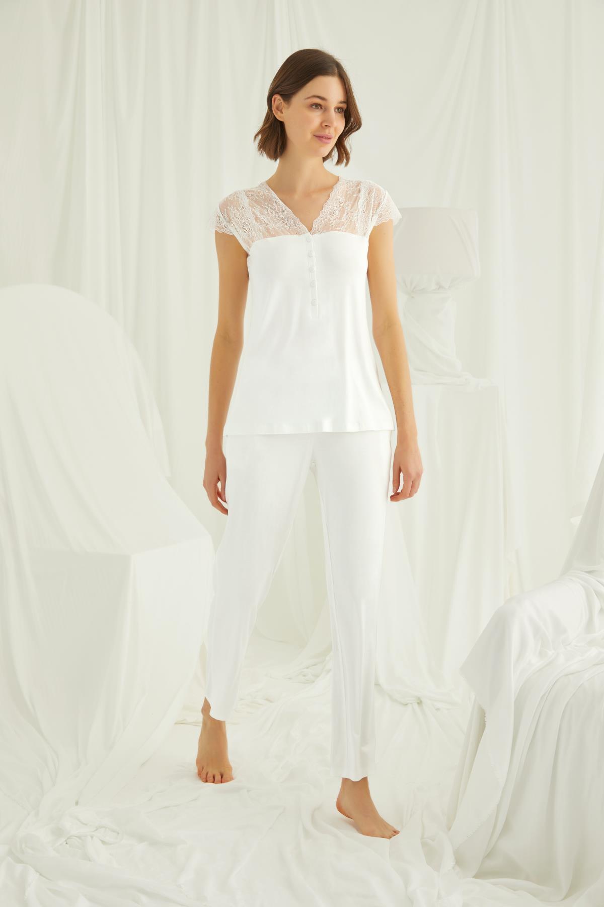 MONAMİSE-Collar Sleeve and Shoulder Lace Front Buttoned Pajama Set 2