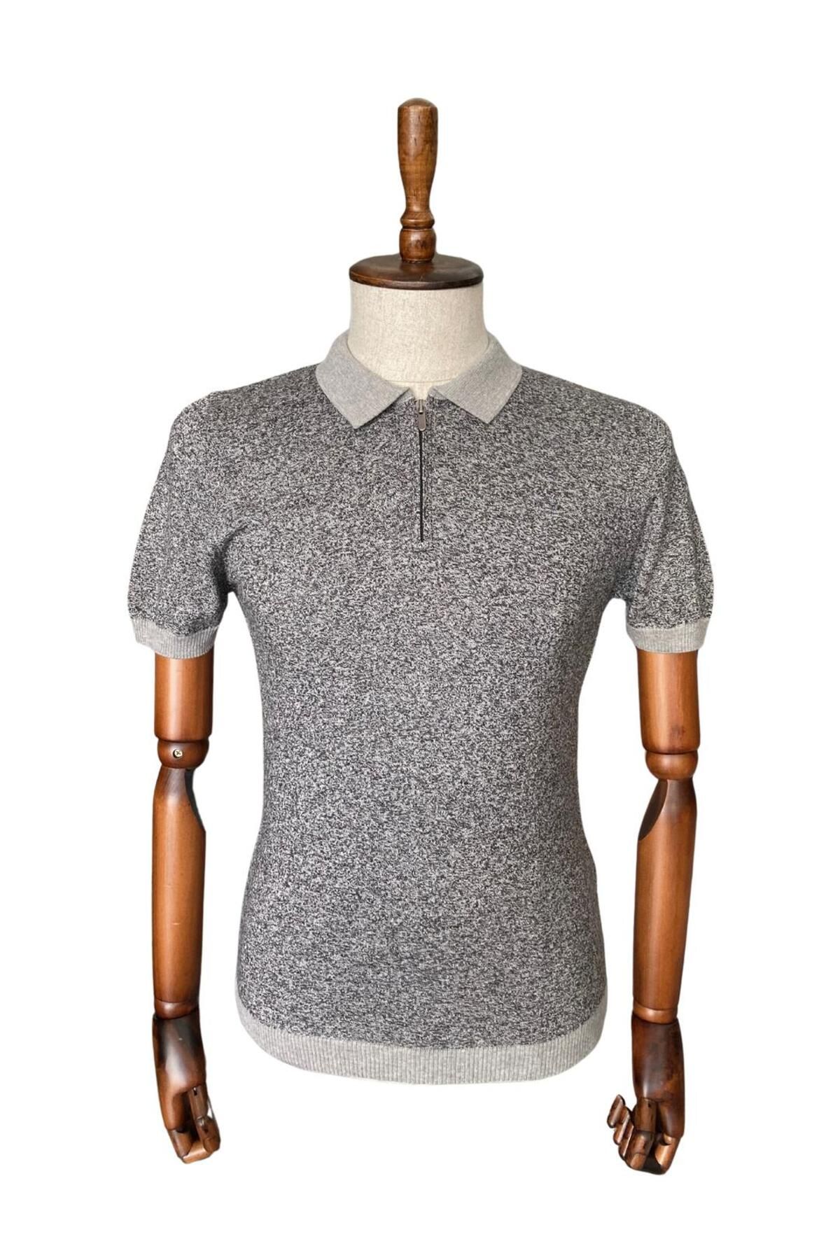 Butik Polo Yaka Fermuarlı Triko Karıncalı Desen
