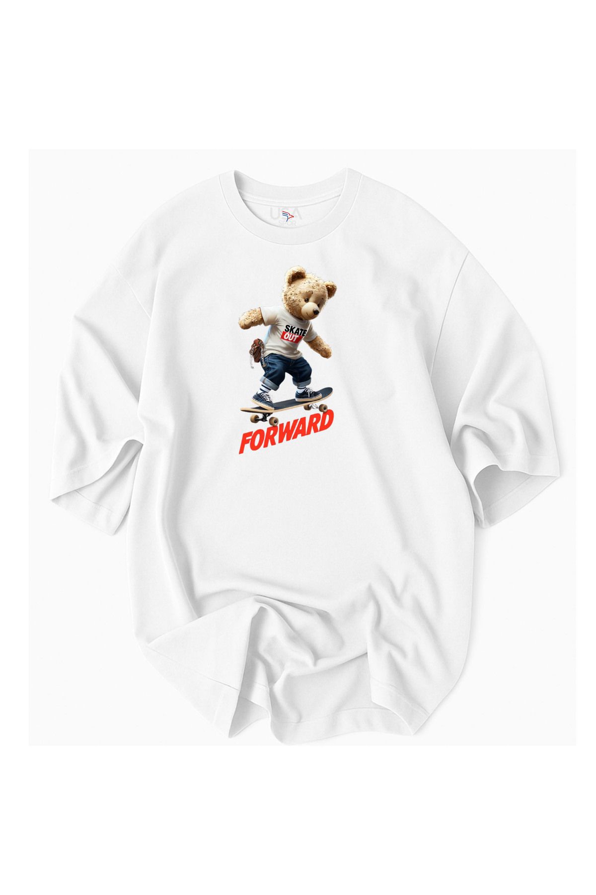 Racıng Kaykaylı Teddy Ayıcık Baskılı RACING tasarım %100 Pamuklu Premium T-Shirt