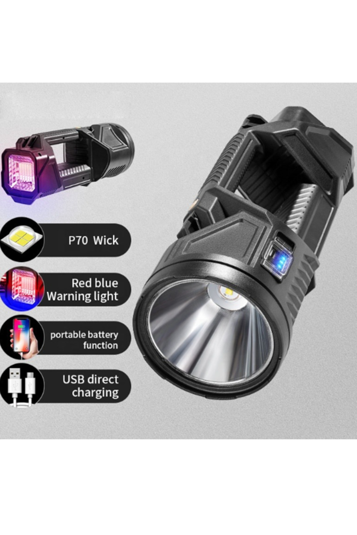MACON-مصباح يدوي LED قابل لإعادة الشحن XHP70 متعدد الوظائف 7 في 1، مصباح يدوي طويل المدى 4