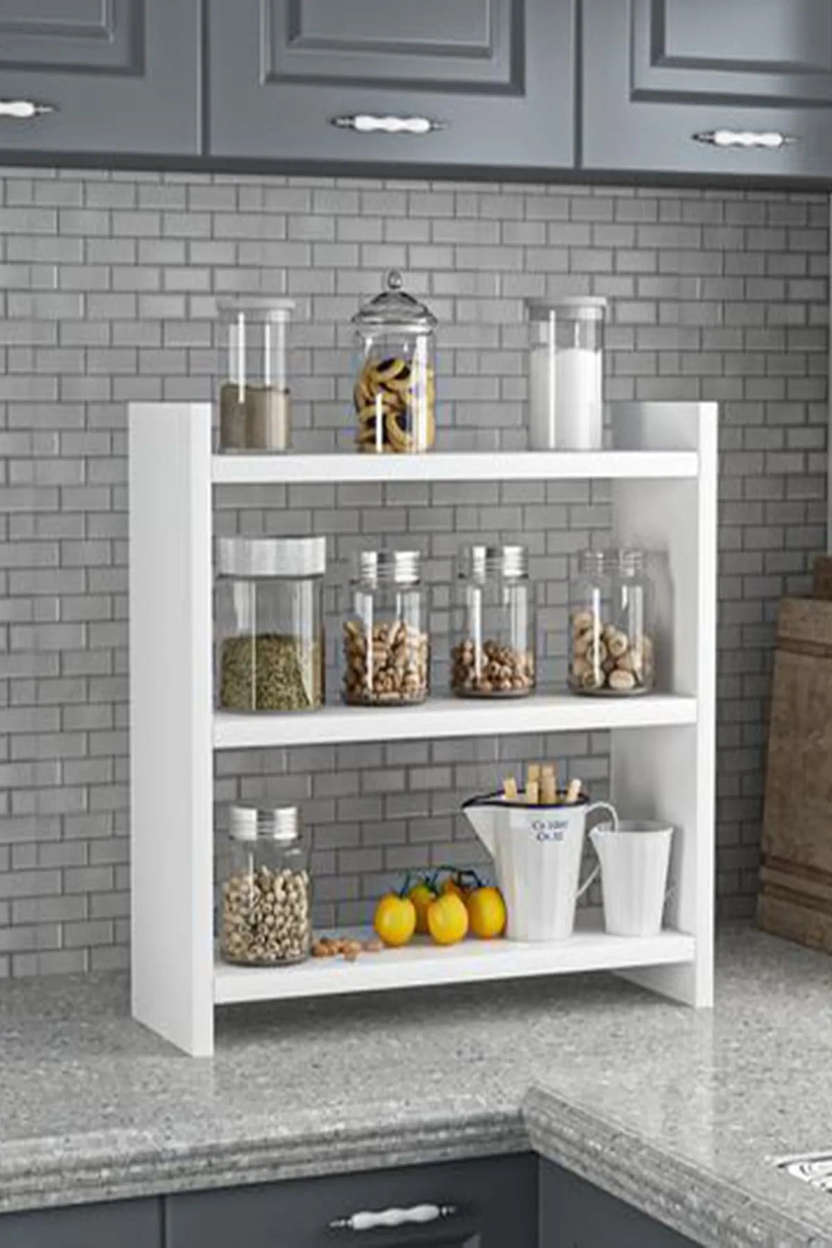 Beyaz Renk 3 Katlı Modern Ahşap Mdf Tezgah Üstü Mutfak Baharatlık Rafı