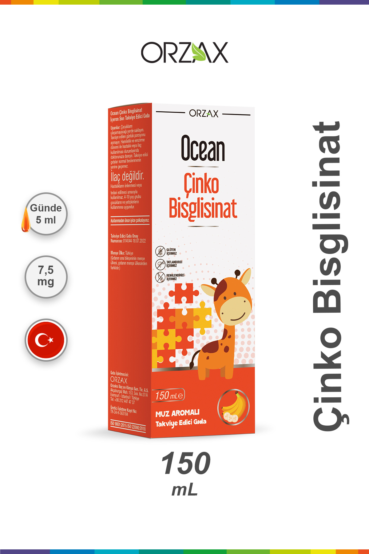 Orzax Ocean Çinko Bisglisinat 150 ml Muz Aromalı Şurup