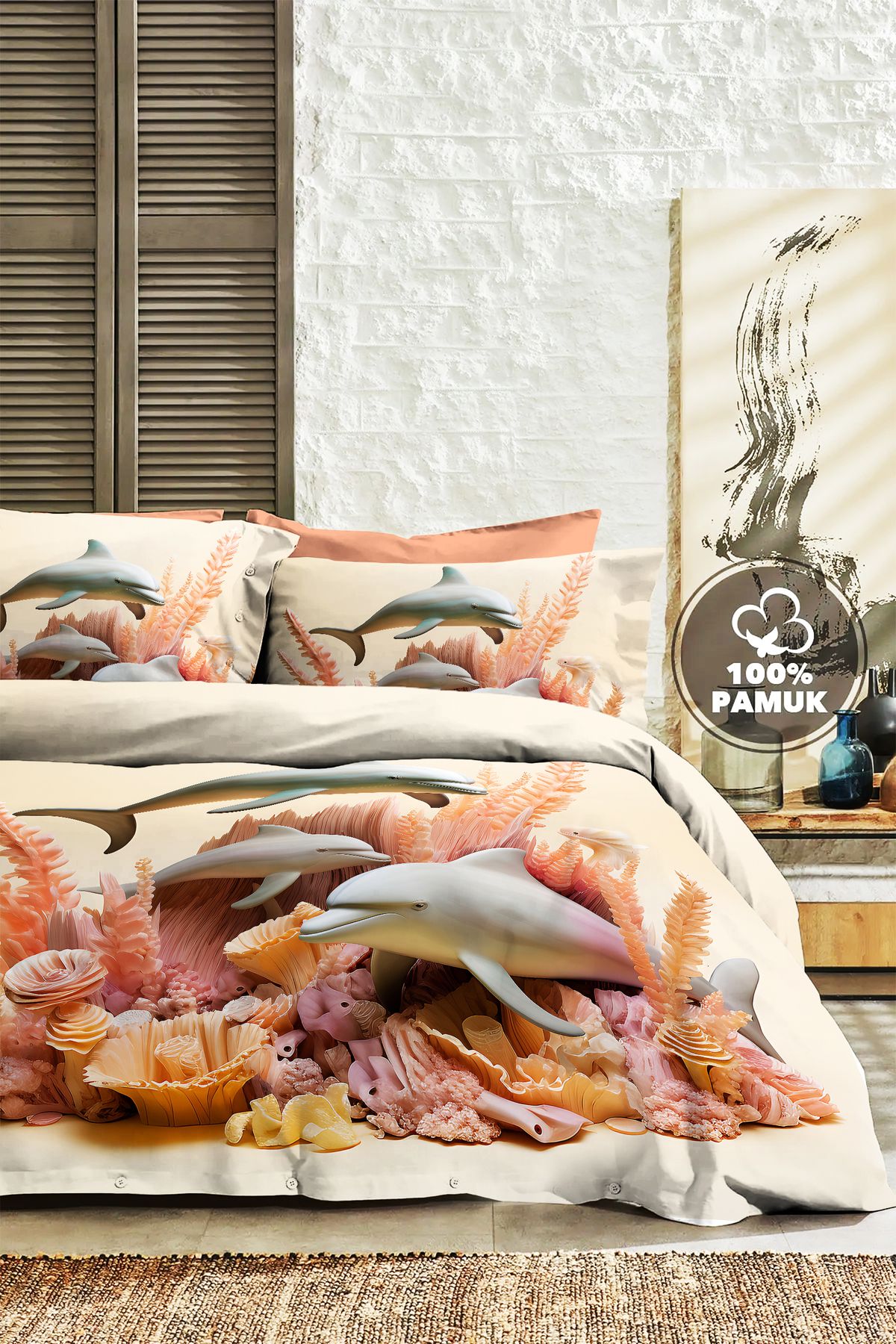 MonoHome Çift Kişilik Nevresim 3D Tasarım %100 Pamuk Oeko-tex®Sertifikalı Özel Dokuma Dolphins