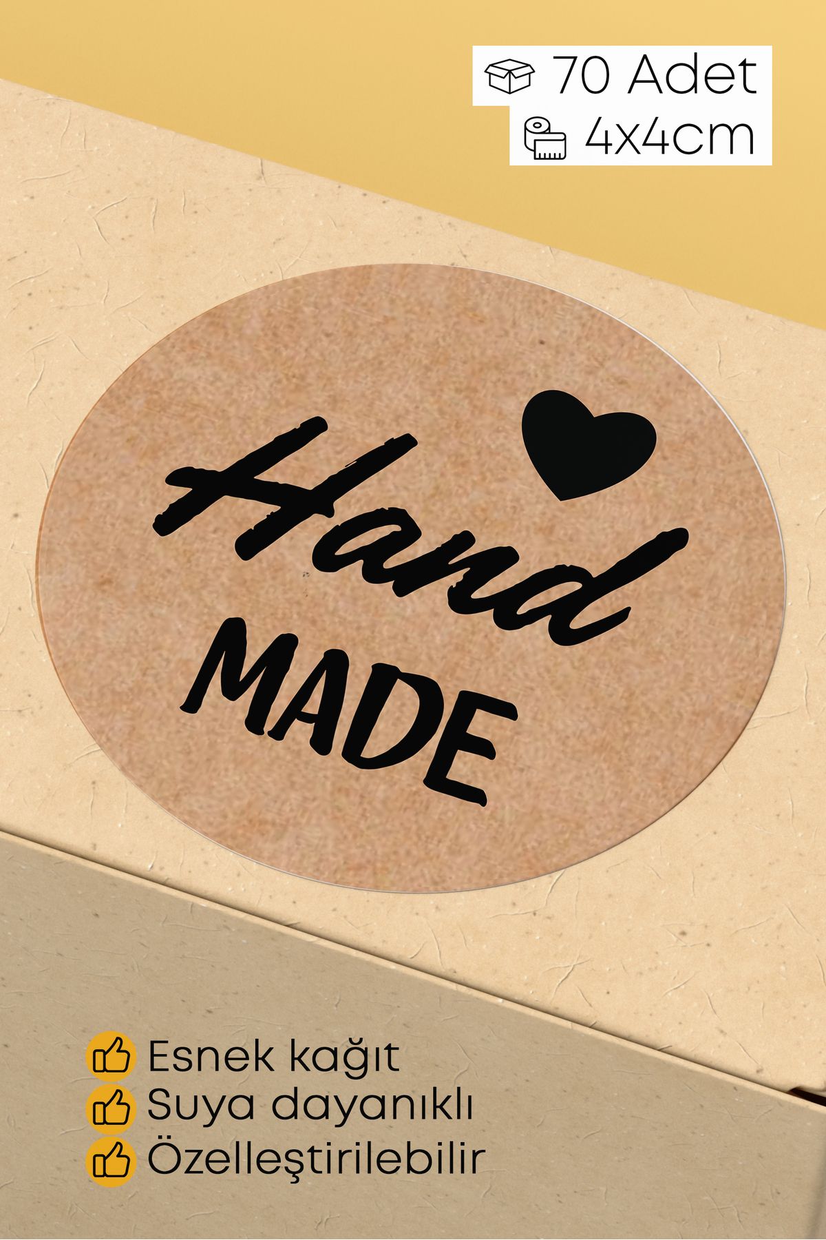 alışveriş kurdu Hand Made - With Love Yazılı Sticker Paketleme Kargo Ambalaj Etiketi - 4x4cm 70 Adet Yuvarlak