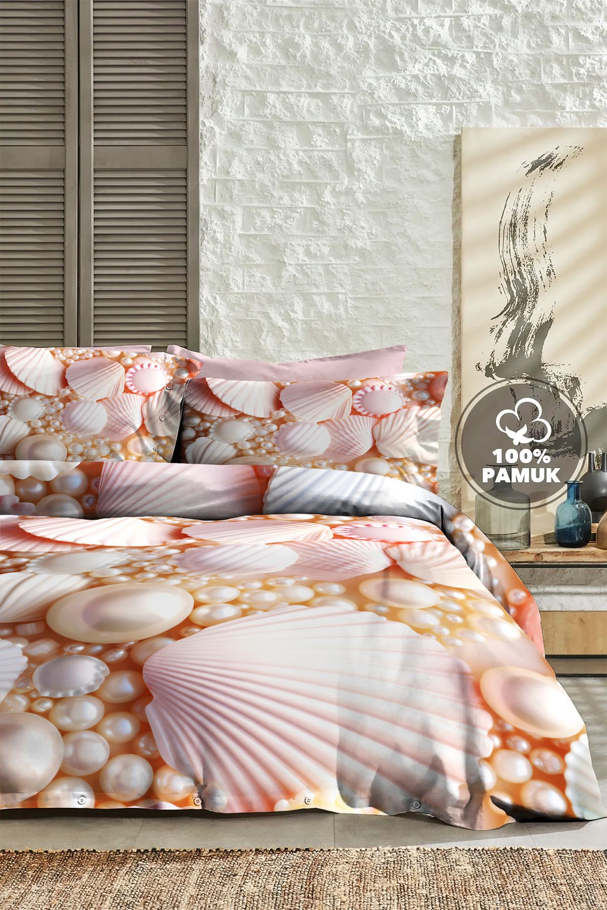 MonoHome Çift Kişilik Nevresim 3D Tasarım %100 Pamuk Oeko-tex®Sertifikalı Özel Dokuma Pearls and Shells