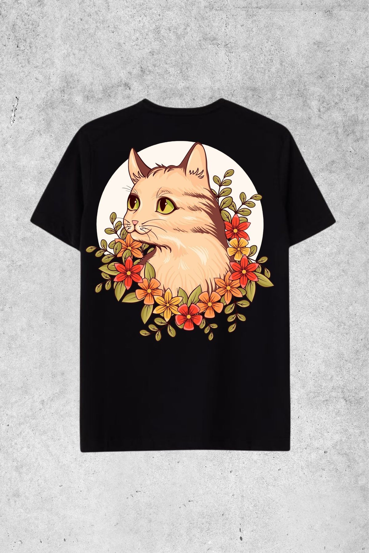 MOLICO Basic Unisex sıfır yaka kısa kollu KEDİ ÇİÇEK DESENLİ SIRT BASKILI OVERSİZE TSHİRT