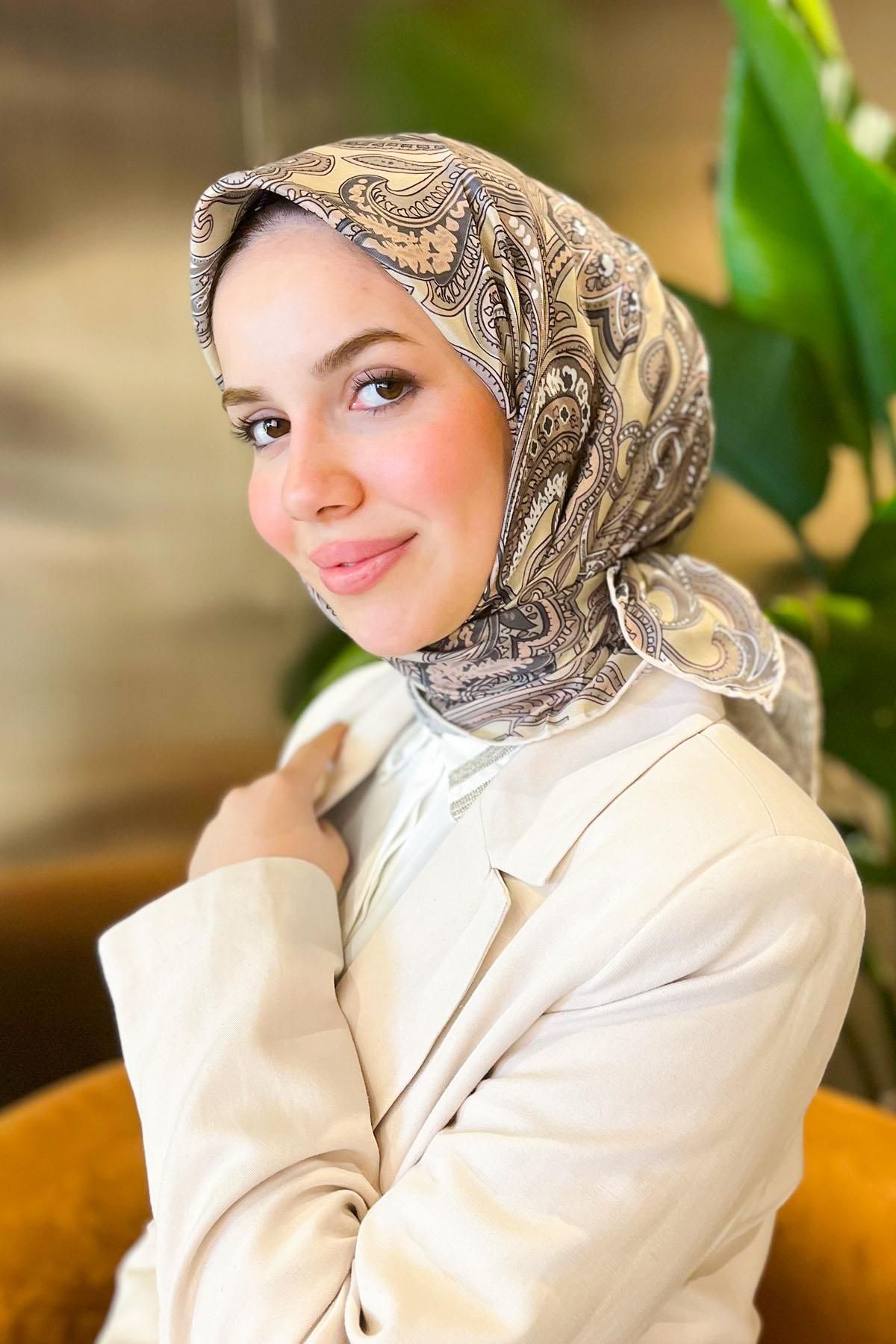 Sultan Eşarp-Sultan Soft Cotton Scarf - Retro Pattern - Sse0238-30 - Soft Yellow, Mink, Soft Pink 2