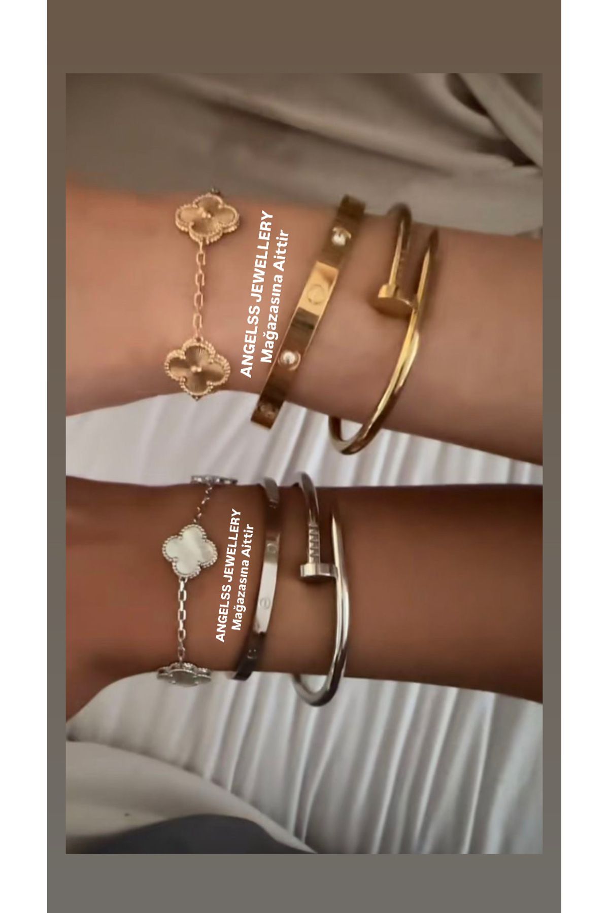 ANGELSS JEWELLERY Üçlü Kombin Yonca Model Bileklik Çivi Kelepçe (Gold ve Gümüş Rengini Seçiniz) 3’lü Kombin Van Cleeff