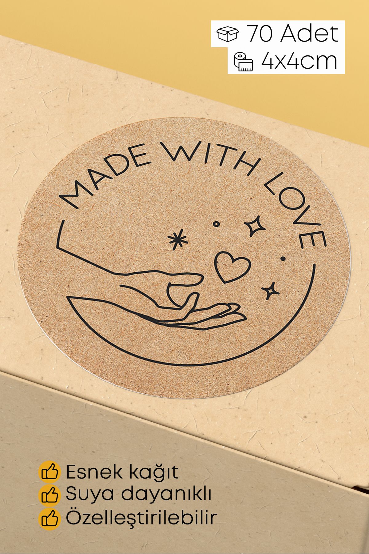alışveriş kurdu Made With Love Yazılı Sticker Paketleme Kargo Ambalaj Etiketi - 4x4cm 70 Adet (yuvarlak)