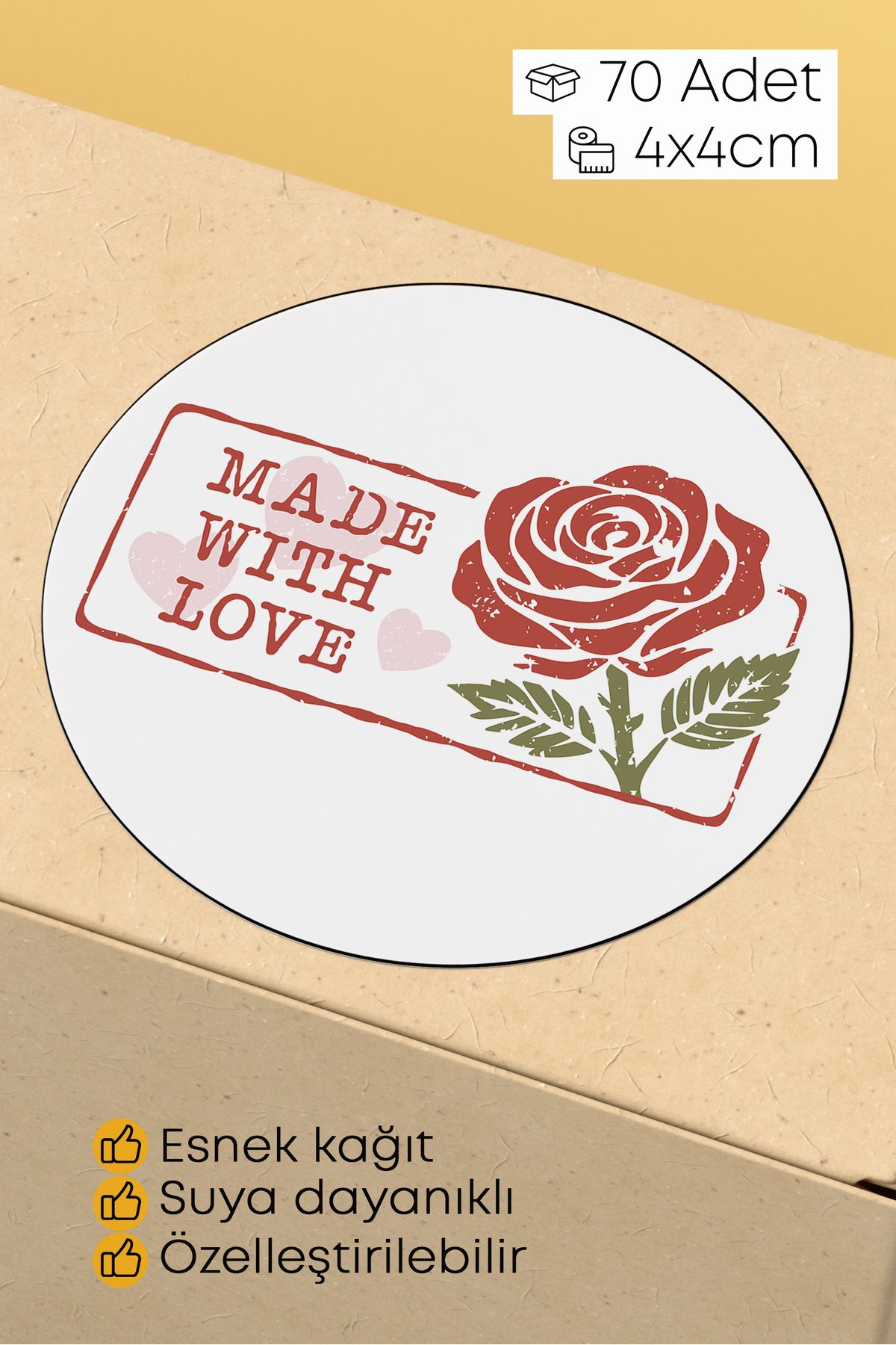 alışveriş kurdu Made With Love Yazılı Sticker Paketleme Kargo Ambalaj Etiketi - 4x4cm 70 Adet Yuvarlak