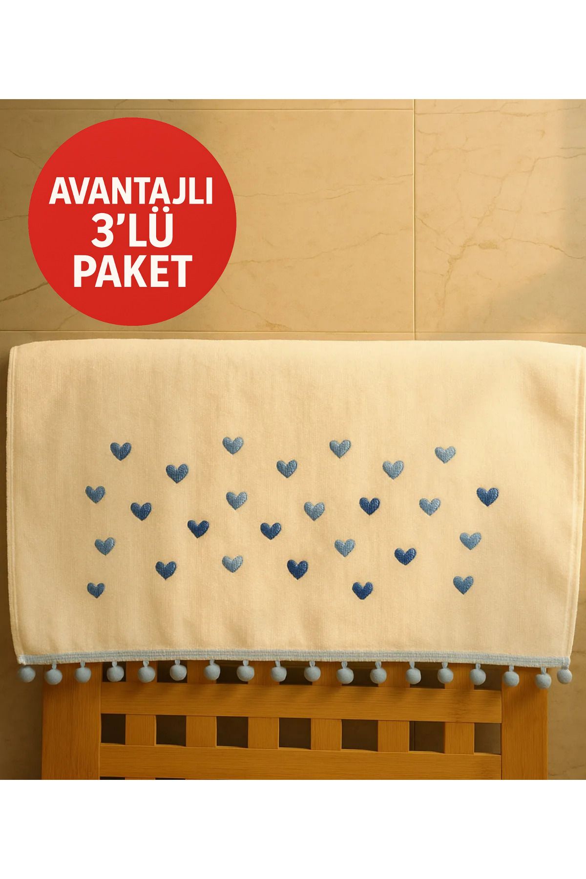 Lobya Luneli 3'lü Ponponlu Mavi Kalpli El Ve Yüz Havlusu (50 X 90)