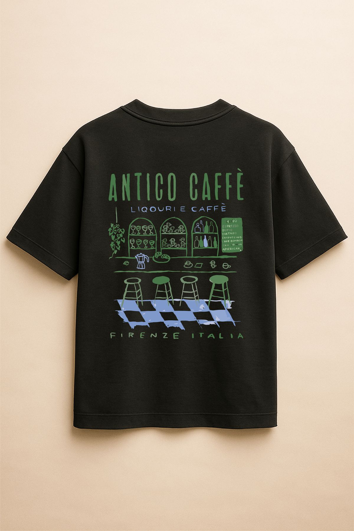 Altair Tr Siyah Renk Oversize Antico Caffe Kafe Baskılı Unisex Tişört T-Shirt