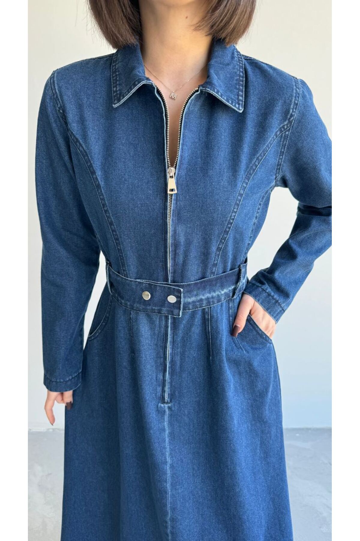 Suede Style  8938 - Yarım Fermuarlı Uzun Rahat-Şık Kadın Elbisesi - Görsel 4