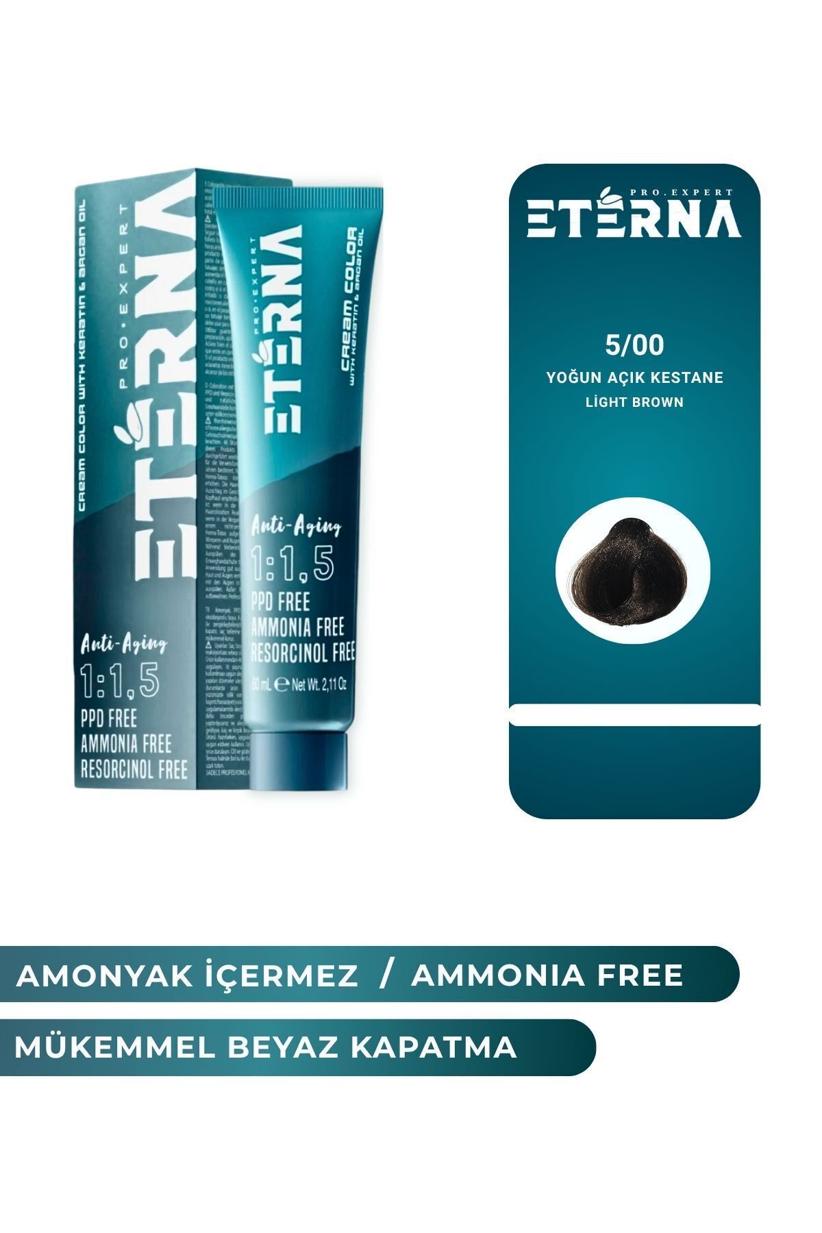 ETERNA Amonyaksız Organik İçerikli Saç Boyası 60 ml 5/00 Yoğun Açık Kestane ve 90 ml Eterna Oksidan