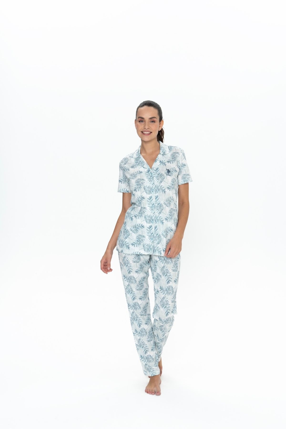 ByNelly U.S. Polo Assn. Kadın Mavi Yapraklı Boydan Patlı Pijama Takımı - BNLLY20P08B7N