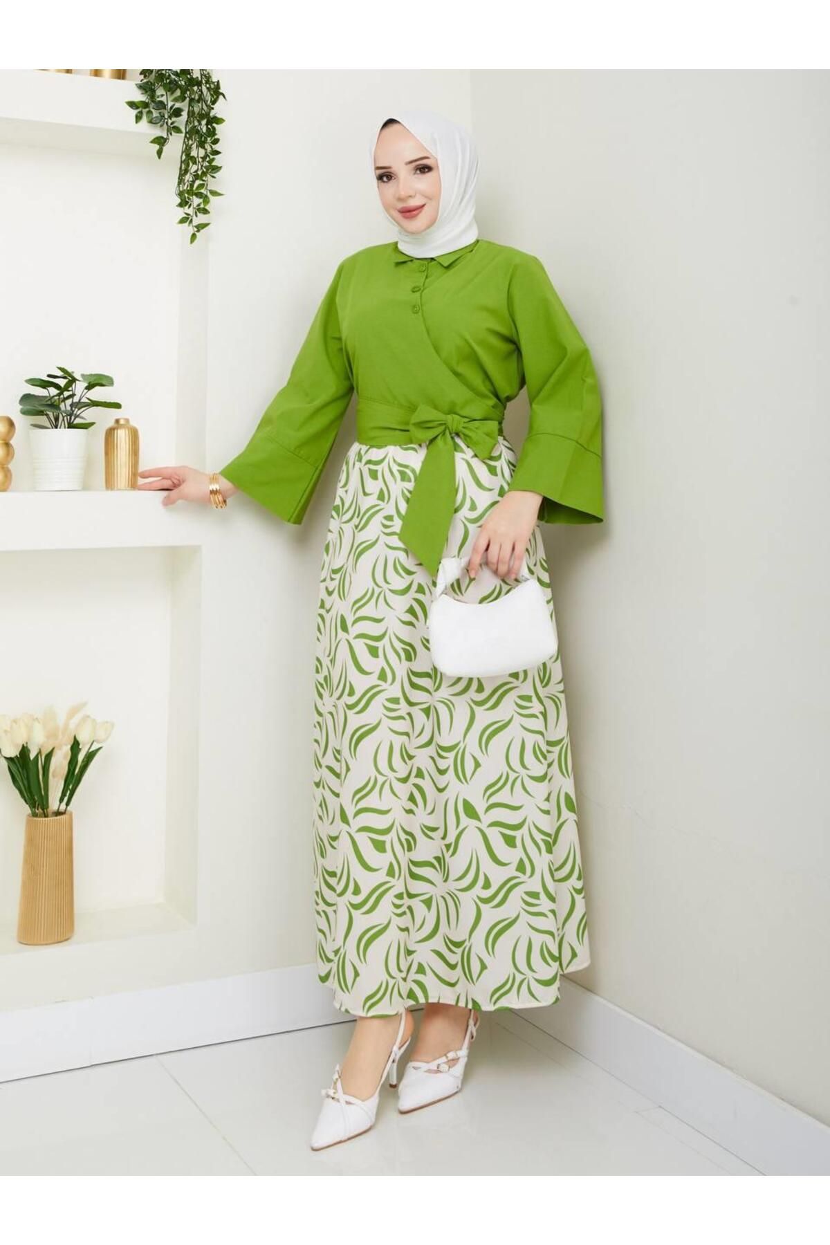 moda periy kadın yazlık mevsimlik tarz Yandan Bağlamalı Tunik Desenli Etek Takım tesettür kombin