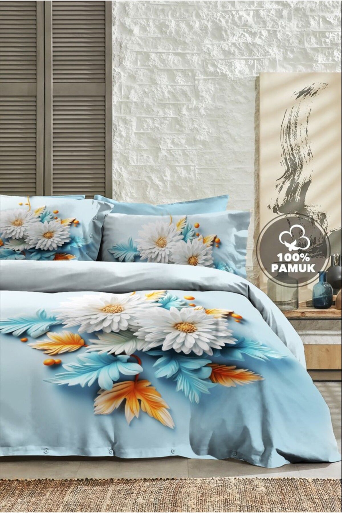 MonoHome Çift Kişilik Nevresim 3D Tasarım %100 Pamuk Oeko-tex®Sertifikalı Özel Dokuma Mavi Papatya