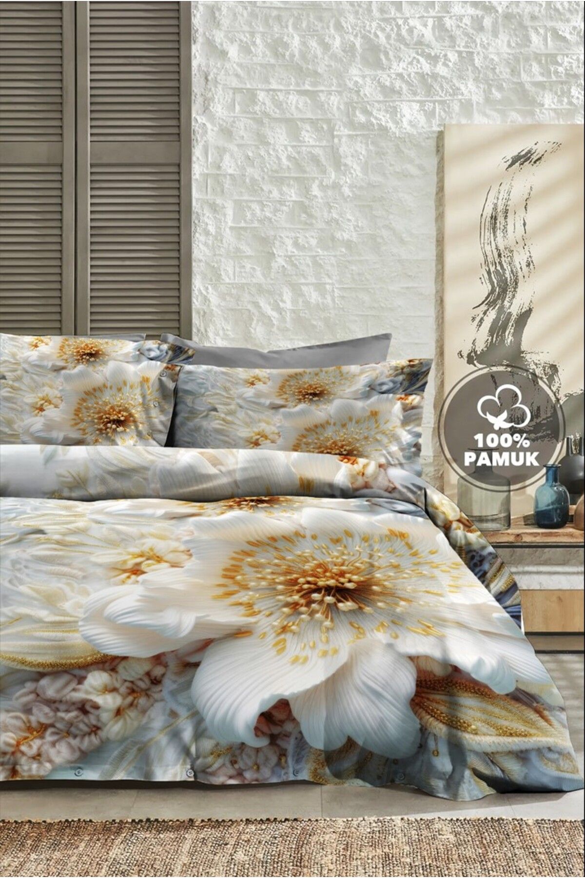MonoHome Çift Kişilik Nevresim 3D Tasarım %100 Pamuk Oeko-tex®Sertifikalı Özel Dokuma Orkide Örgüsü