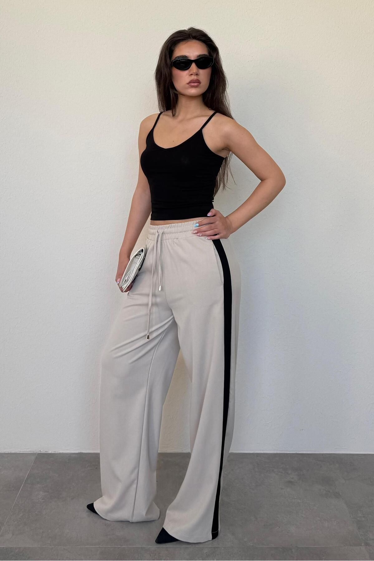Madmext Bej Şerit Detaylı Bol Paça Kadın Pantolon MG2441