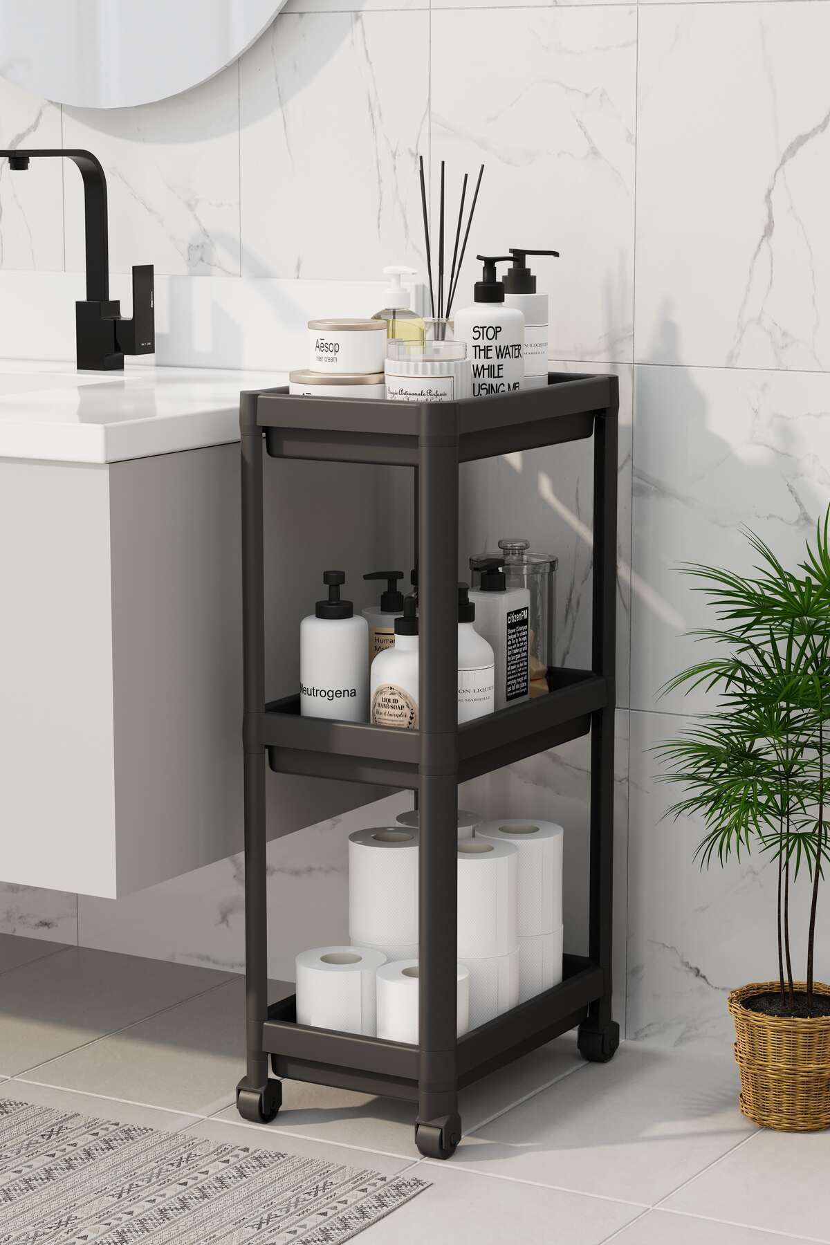 3 Katlı Tekerlekli Banyo Rafı, Mutfak Rafı, Havluluk, Deterjanlık Makyaj Organizer Siyah