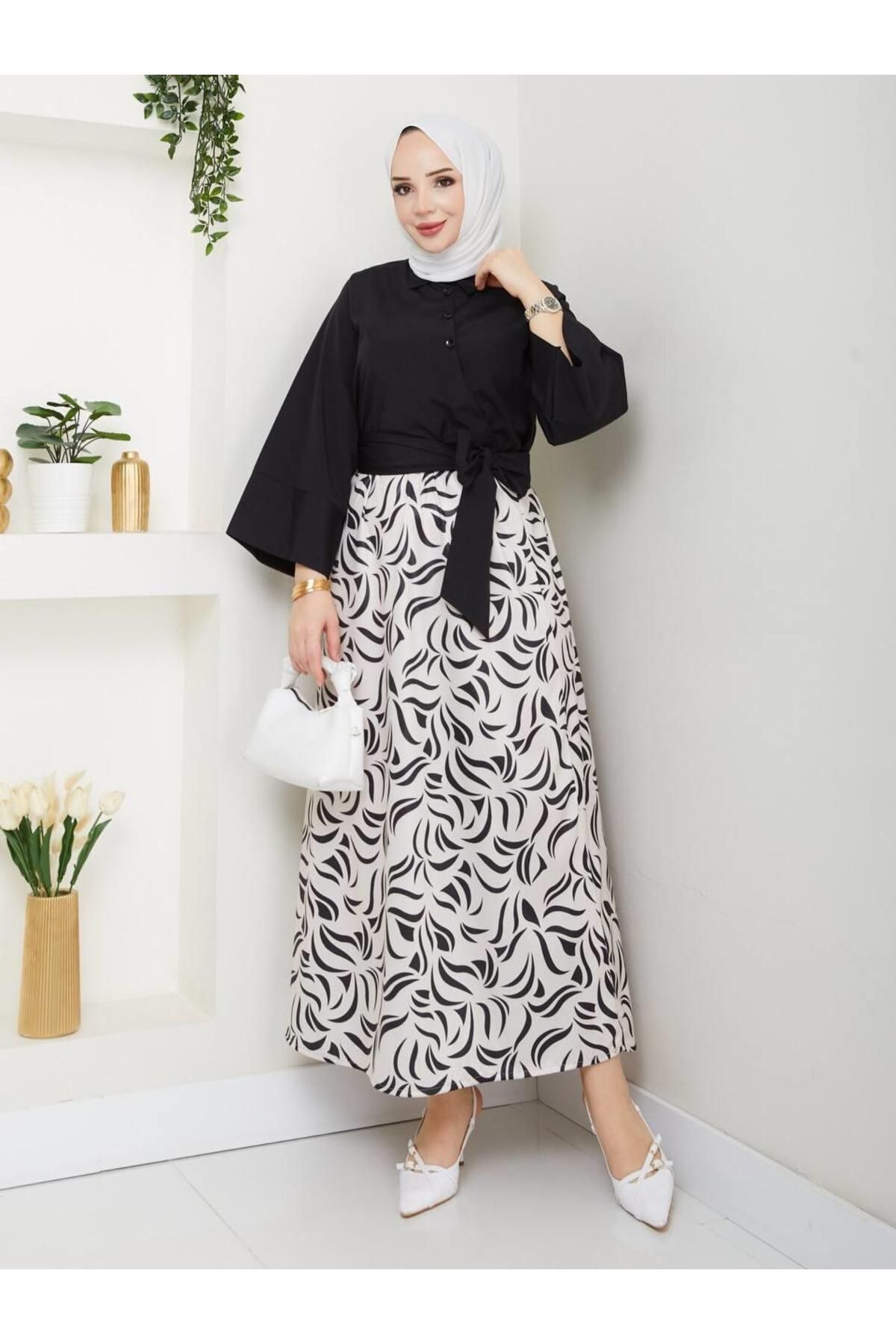 moda periy kadın yazlık mevsimlik tarz Yandan Bağlamalı Tunik Desenli Etek Takım tesettür kombin