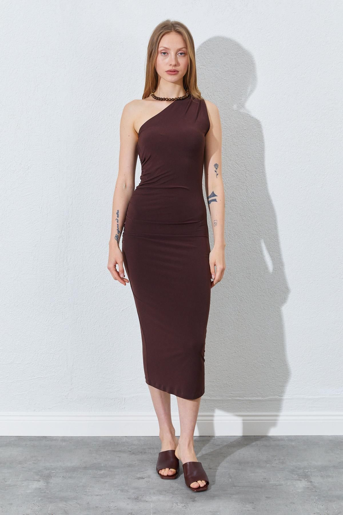 TENA-Women's Brown One Shoulder Side Draped Sandy Dress 2