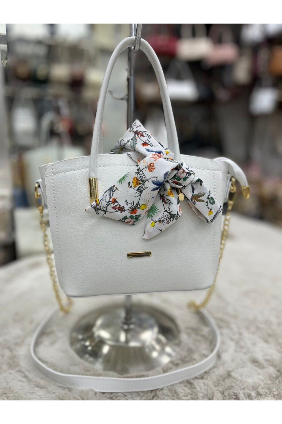 MODA Çanta Fularlı El,Kol Çantası Beyaz