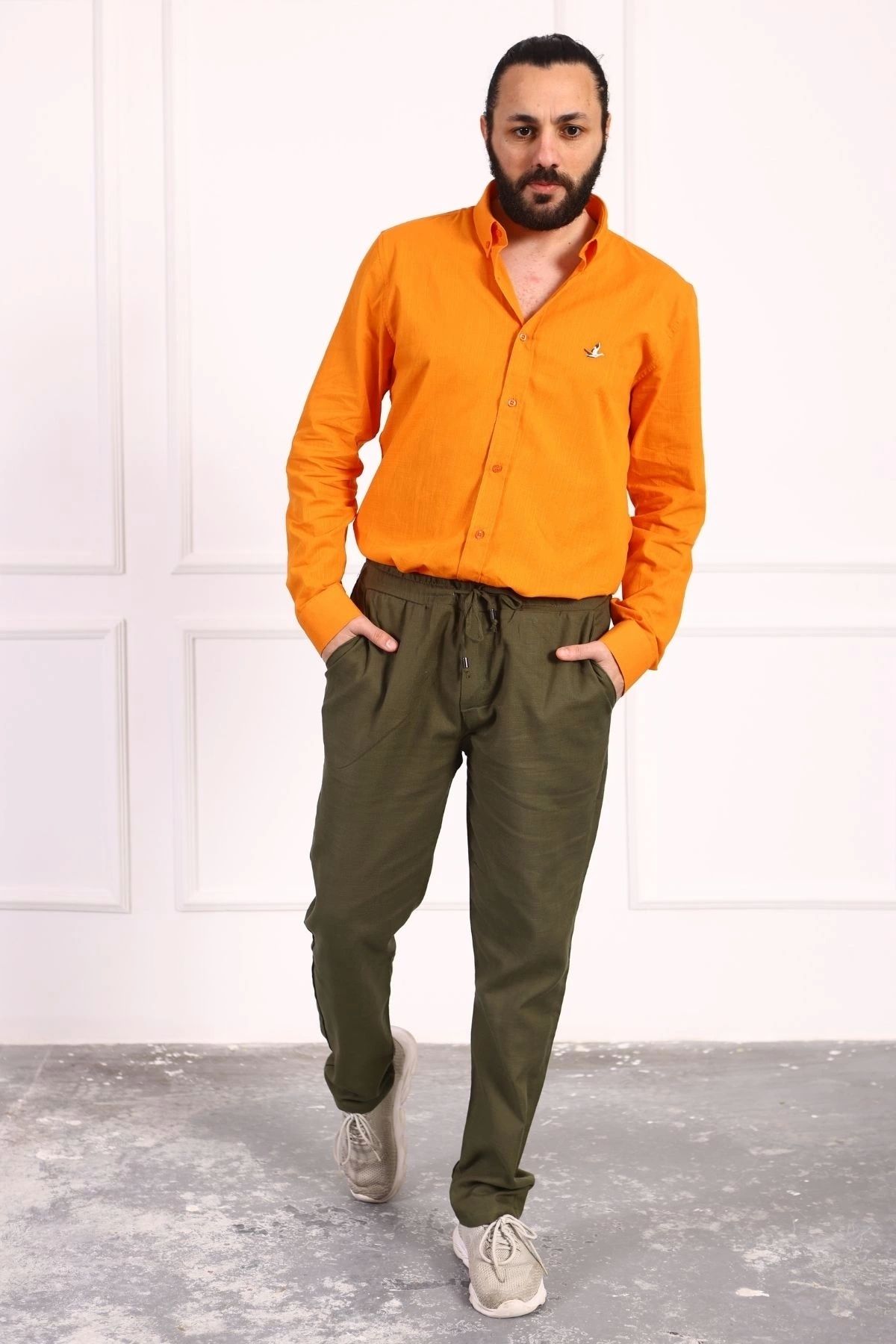 Tam12den Home-Men's Linen Trousers - Khaki, Elastic Waist and Laced 5