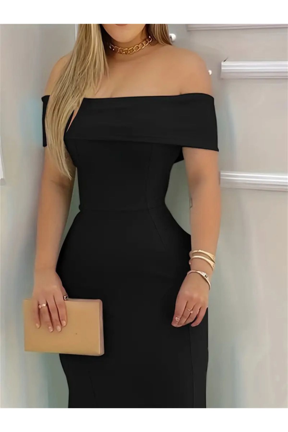 TUA MODA TUA MODA Kadın Kısa Kollu Madonna Yaka Belden Oturtmalı Uzun Ithal Krep Elbise