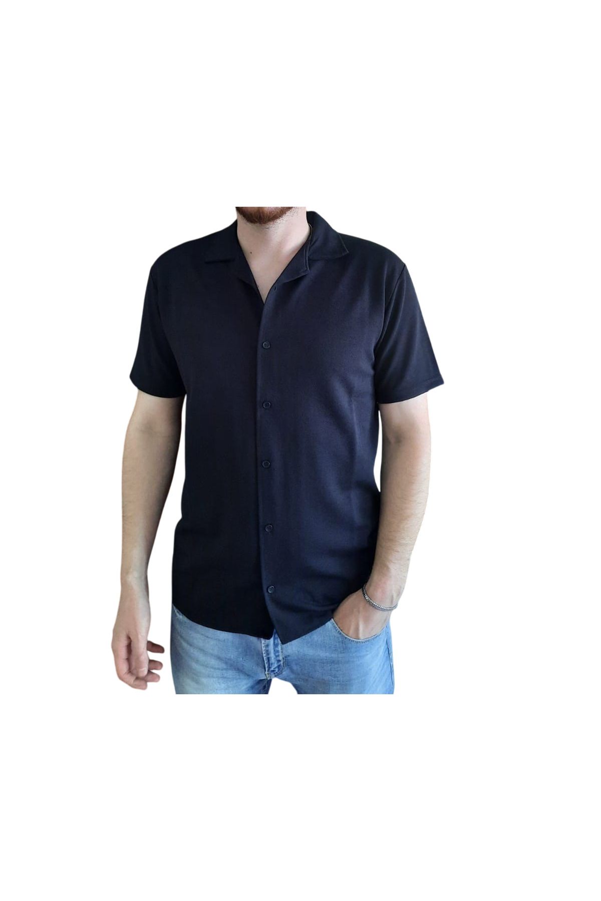 MODAMAHAL Regular Fit Kısa Kollu Siyah Waffle Gömlek