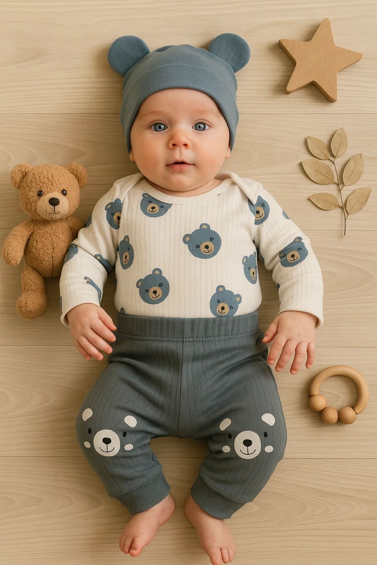 Babydonat Kulaklı Ayıcık % 100 Pamuk 3'lü Erkek Bebek Takım