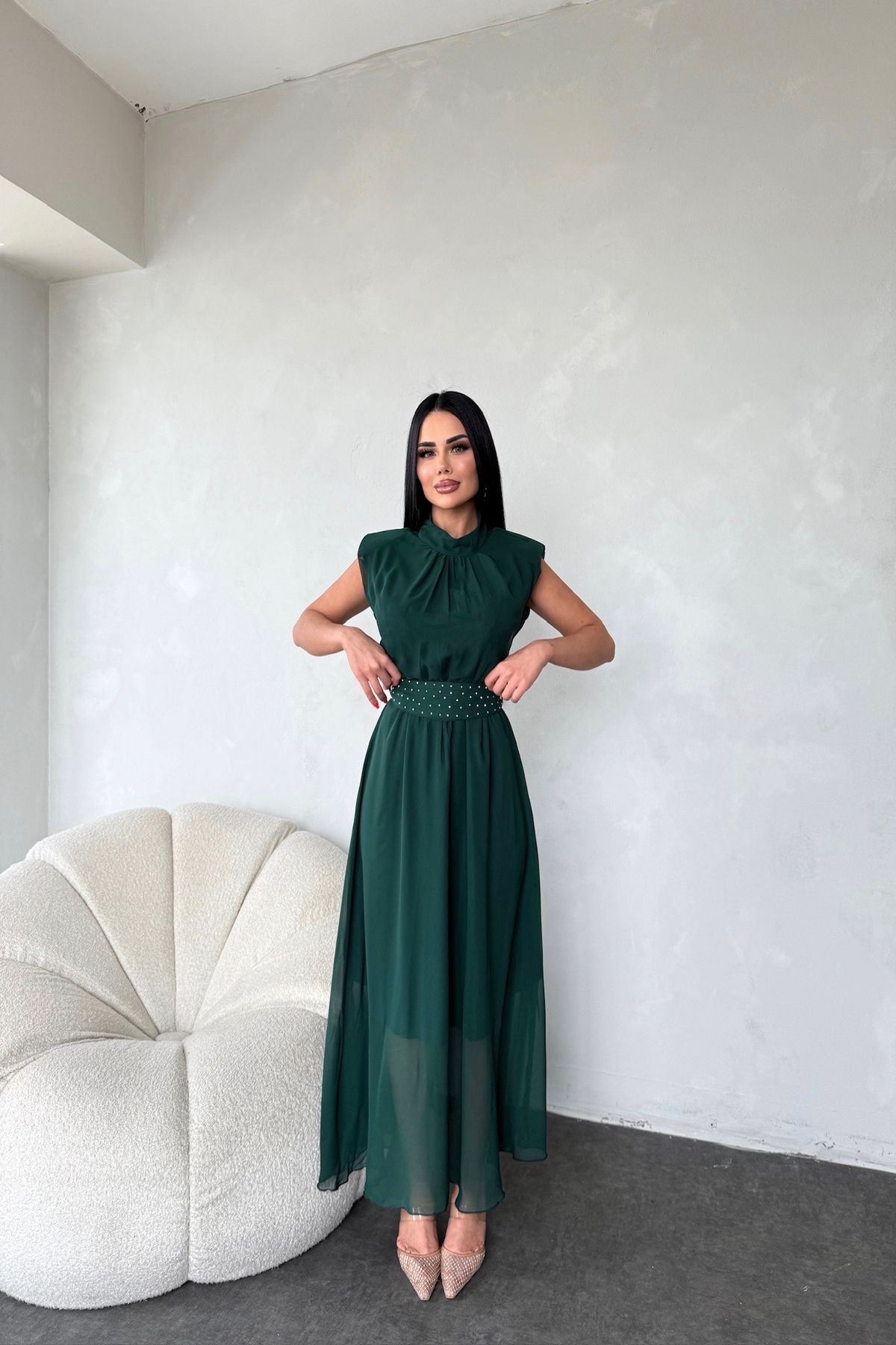Neşeli Butik kadın kuşağı taş detaylı midi şifon elbise NBMY3509