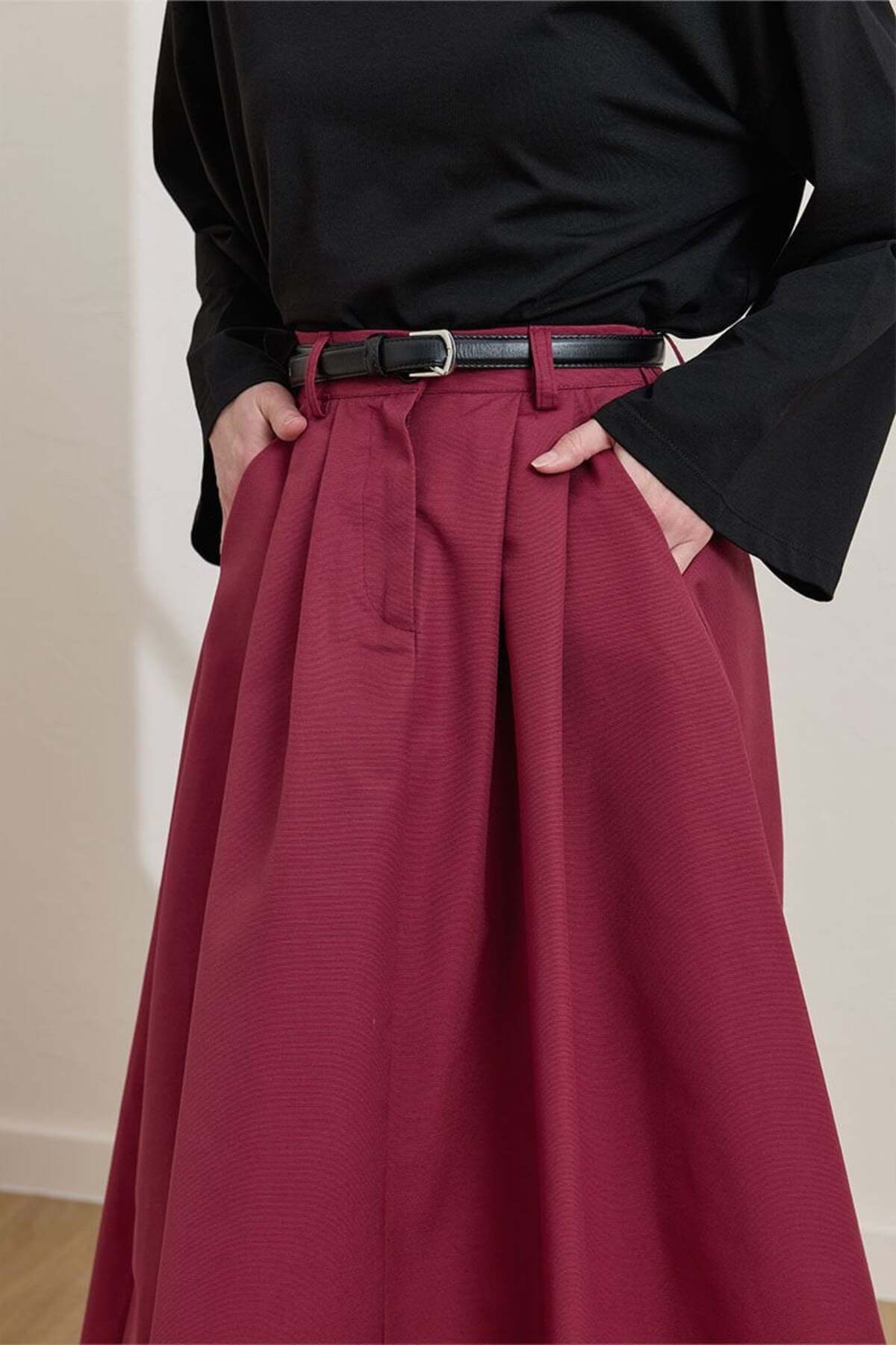 Ceylan Otantik-Burgundy Linen Single Button Skirt 3