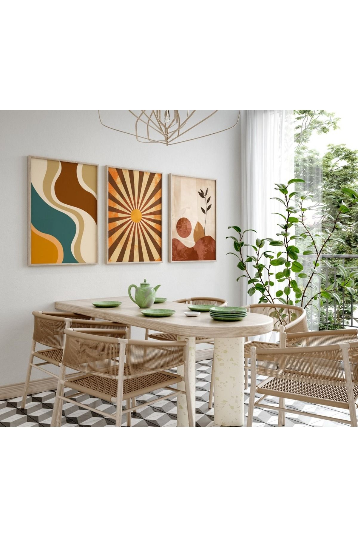 Dekorsiahome Üç Parça Ahşap Çerçeveli Oturma Odası Salon Mutfak Tablo Seti SET3115