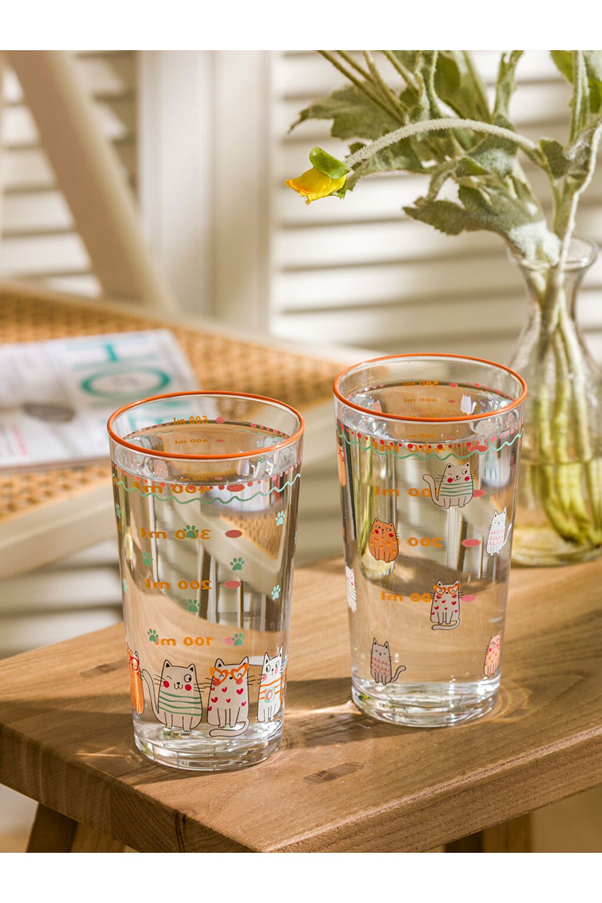 LC Waikiki LCW HOME RENKLİ MAĞAZADAN 2'li 570 ml Karişik Kedi Baskılı Cam Meşrubat Bardağı