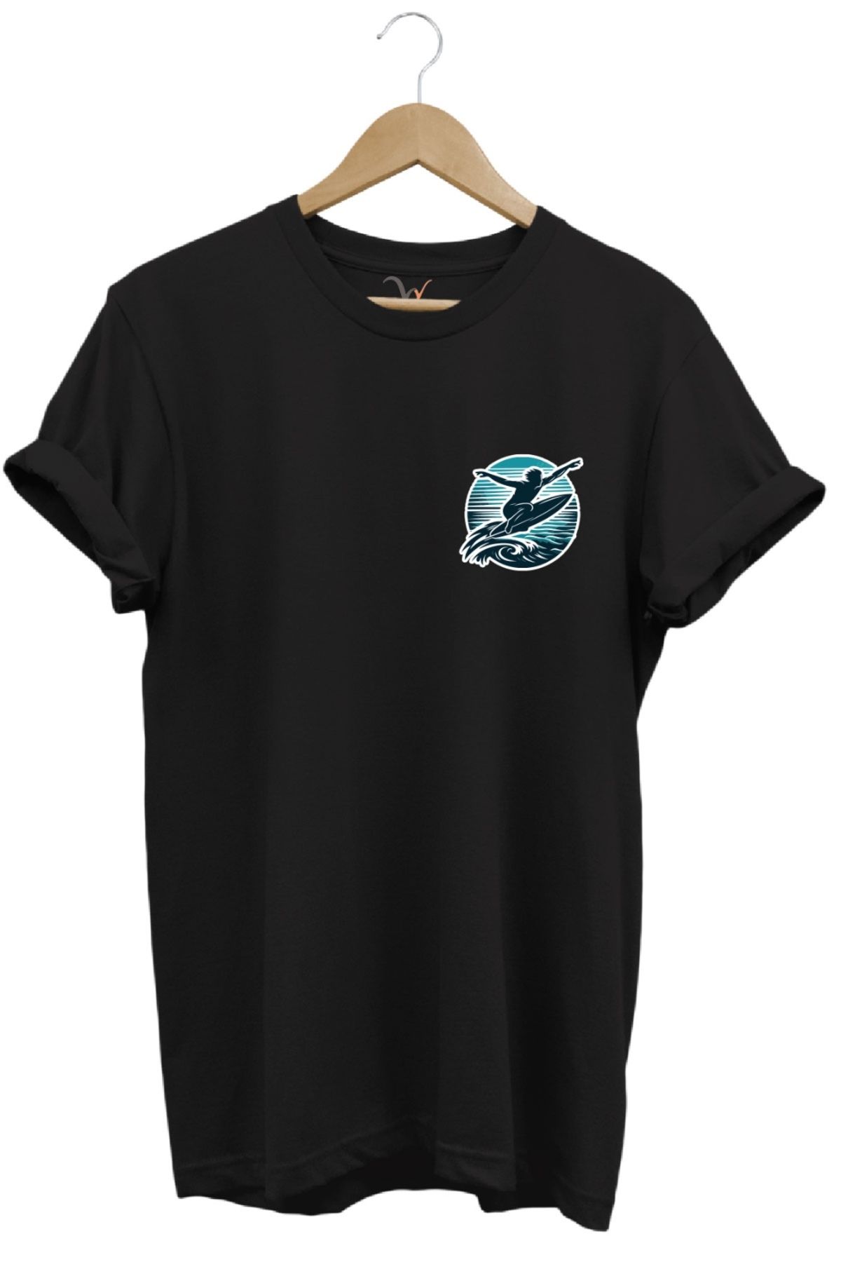 MODA Surf Baskılı Dalgalarla Yarışan Minimal Tişört %100 Pamuk Bisiklet Yaka Basic T-shirt